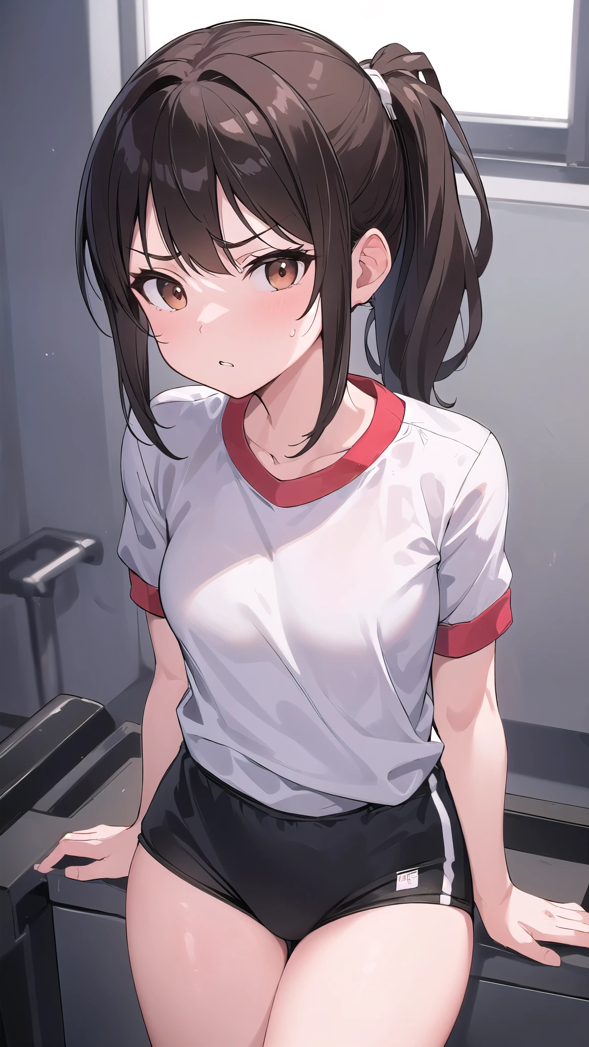 (((masterpiece, highest quality:1.2))),12 year old beautiful girl,solo,black hair,long ponytail hair,black eyes,big eyes,blunt,skinny,small breasts,shiny skin,oily skin,sweat:1.4,Love juice、Wet crotch、blush,tears,crying,drooling, school gym clothes、White short sleeve T-shirt、Red Ringer Neck, school gym red buruma,rotor toy,standing,Schoolyard、School、Daytime、