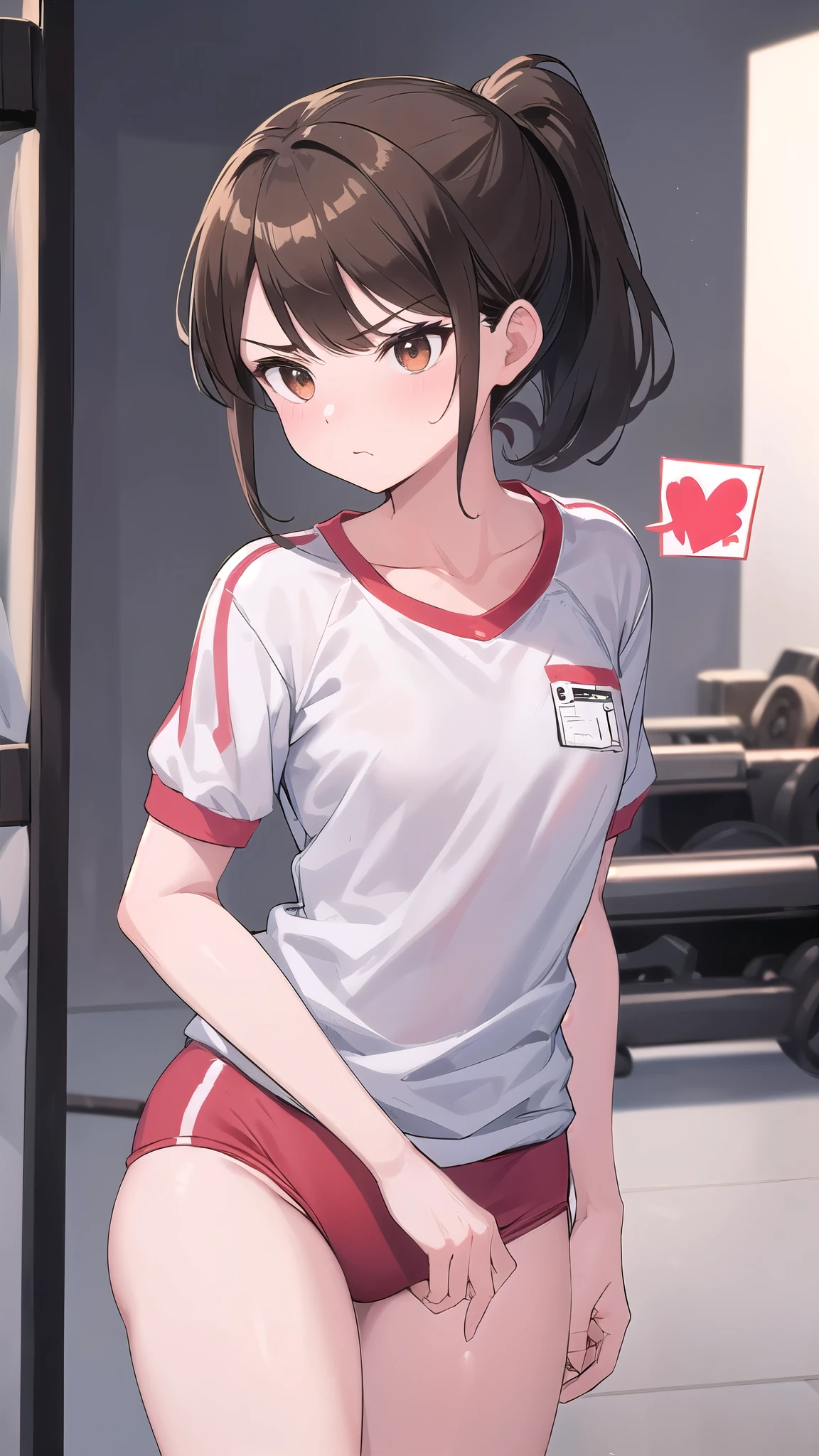 Short gray hair,Wearing a ponytail,Two strands of hair curtain,A spoon hanging on the chest,Girl with nice figure,cute,Wearing black lining,Red sportswear,Badminton racket in hand,A girl who is not very tall,In the gymnasium,Red eyes