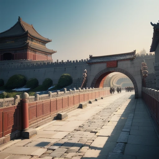 The smoke filled Forbidden City, the palace, the golden tiles, the beautiful rendering of the Tang Dynasty, Beijing, the dreamland of China, the gray white sky,