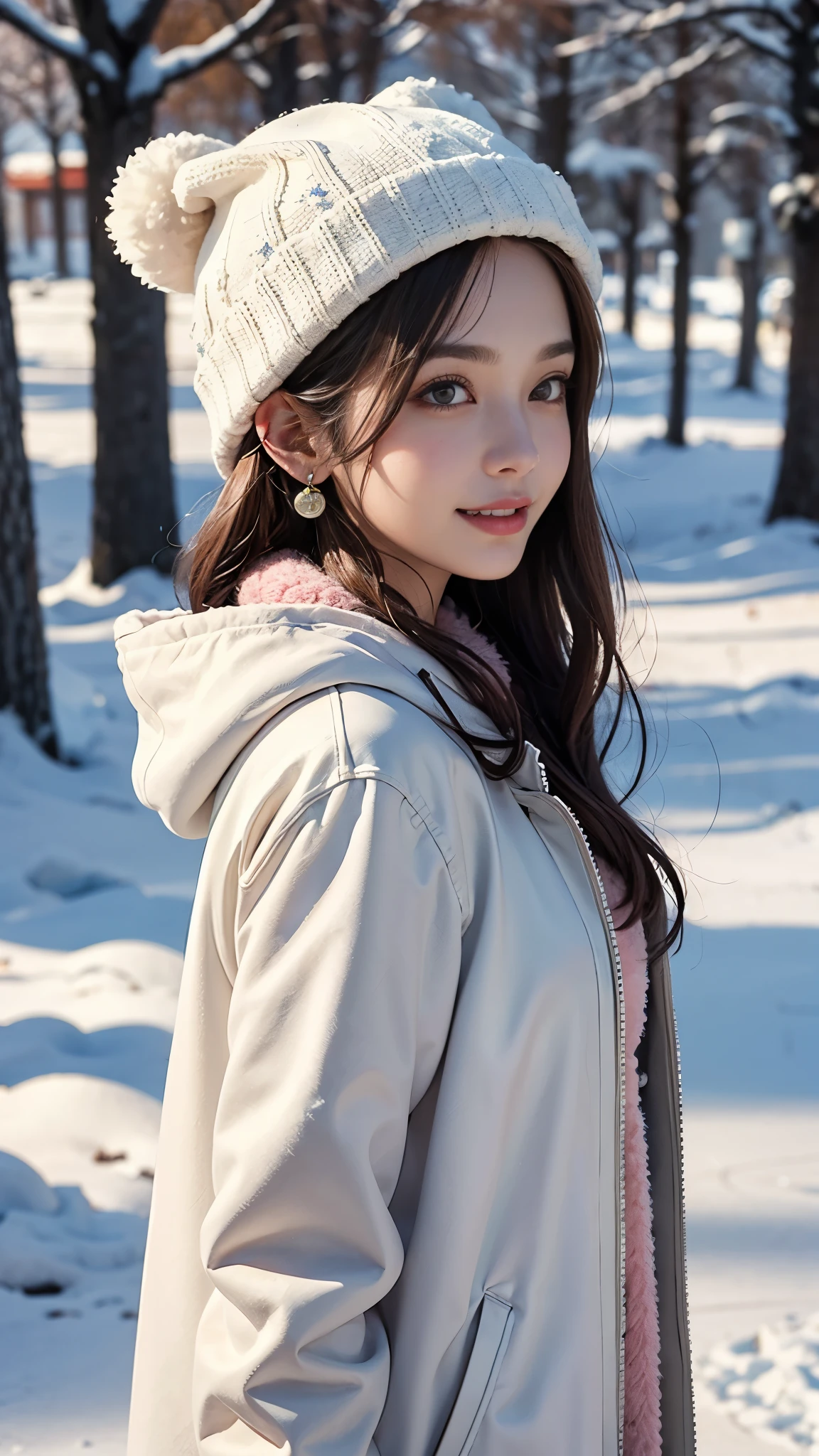 
 general, 1girl, solo, long hair, looking at viewer, smile, brown hair, hat, jewelry, brown eyes, upper body, outdoors, earrings, parted lips, black eyes, from side, coat, lips, white headwear, snow, white coat, snowing, pink lips, realistic, stud earrings, beanie, hair behind ear, winter clothes, winter, winter coat