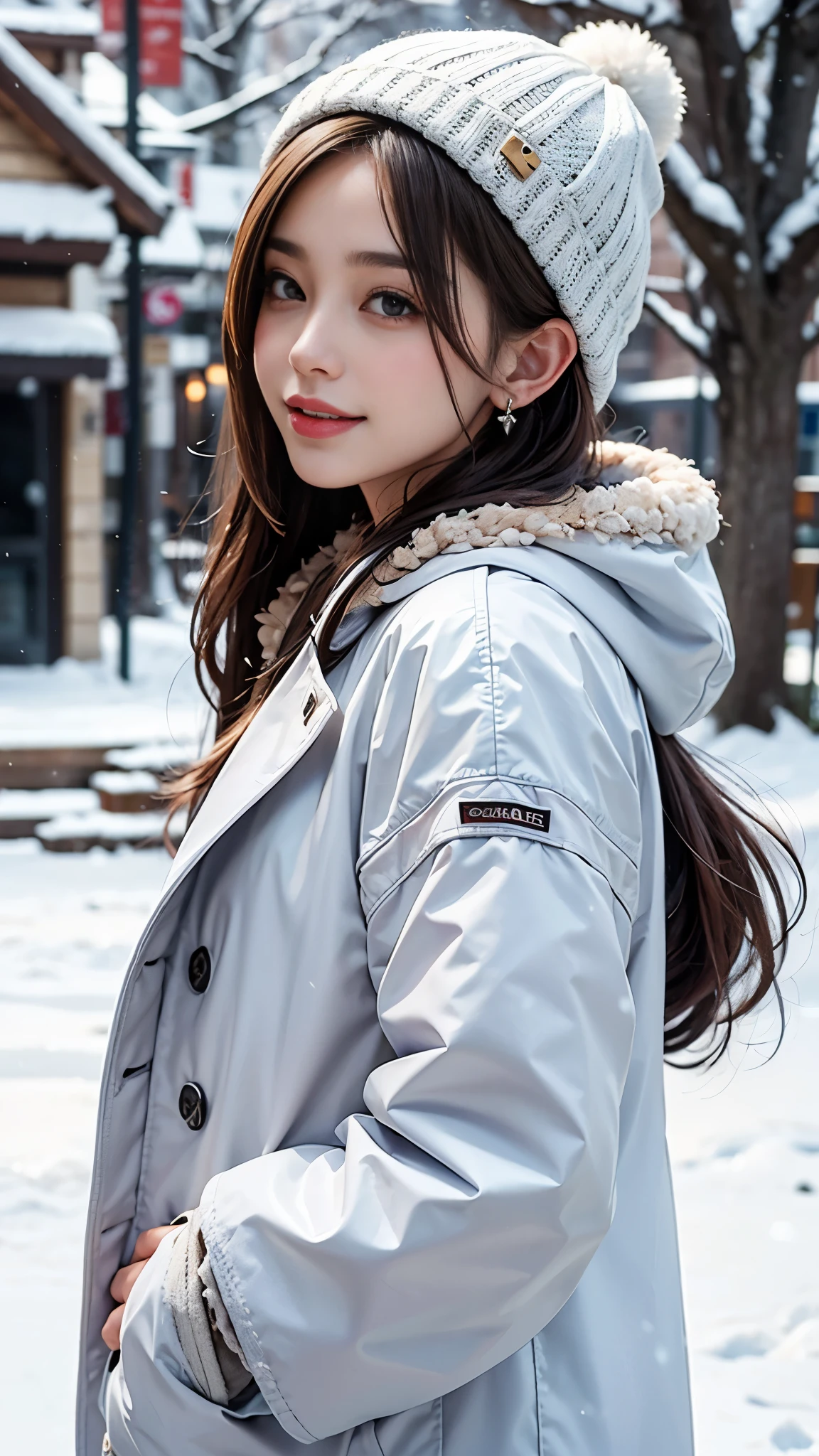 
 general, 1girl, solo, long hair, looking at viewer, smile, brown hair, hat, jewelry, brown eyes, upper body, outdoors, earrings, parted lips, black eyes, from side, coat, lips, white headwear, snow, white coat, snowing, pink lips, realistic, stud earrings, beanie, hair behind ear, winter clothes, winter, winter coat