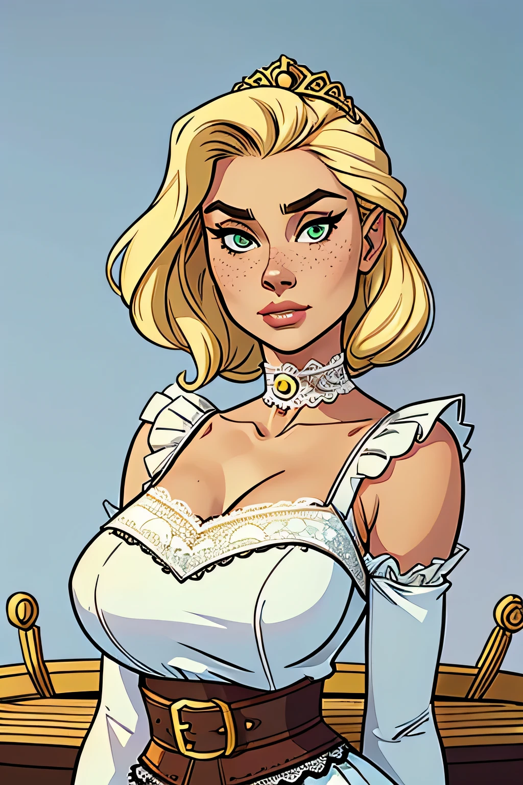 Athletic and thin woman, 25 years, 8k (high definition), sighing countenance, seductive look, green eyes, nose fine, wearing a white royal dress ((lace boat neckline, short puff sleeves)), pearl choker and tiara, arms positioned at the sides of the body, thin golden belt ((round buckle)), white skin, long and blonde hair ((shoulder height)), standing ((upper body)), curvy with freckles on her chest and neck, Big, round breasts. Marvel style ((high quality)), white background.