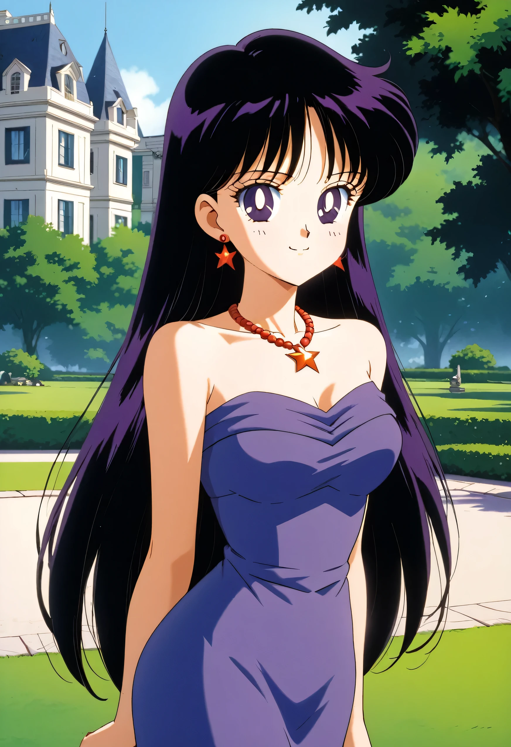 aamars, very long hair, black hair, parted bangs, purple eyes, 1990s \(style\), 1 girl, solo, Best quality, masterpiece, High Definition, strapless, a short sleeve white off-shoulder tight dress, standing up, arms at sides, necklace, outside in the park, a mansion,  smile
