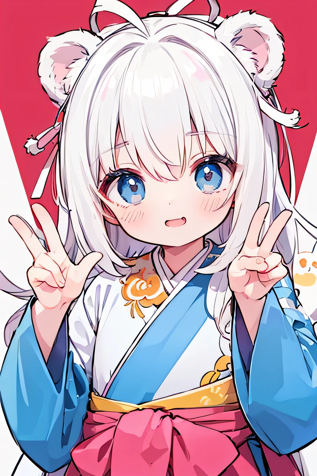 cute bear girl, Wearing a cute hanbok, Make a cute face, strike a cute pose, White hair, Five fingers,