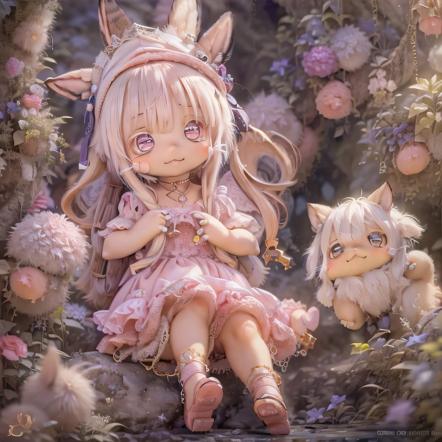 in the garden, smile, Similar to Nanachi from Made in Abyss. She is beautiful, Beautiful eyes and lips.  (((chibi style,))) . The image quality is excellent, Highly detailed and realistic features. The medium of this work is、Combine illustrations and photorealistic renderings.. The colors are vivid、The lighting creates a warm and bright atmosphere。 whole body(((((Cute Pink Dress)))))Contrasting cute poses