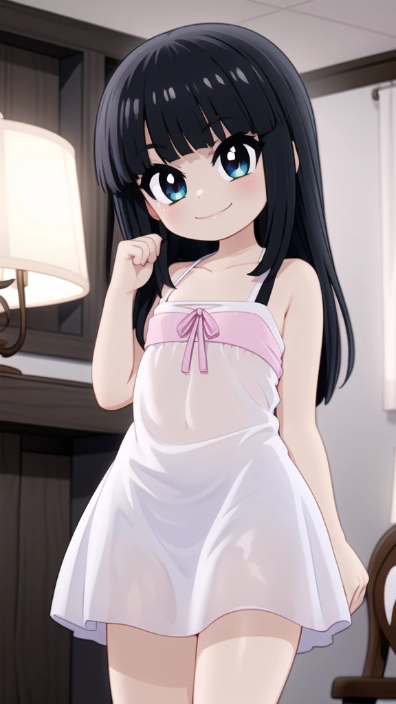 By mantis-x, young girl, tight white sundress, flat chest, smile, solo, good girl, black hair, bangs, hime-cut hair, neat and tidy hair, long hair