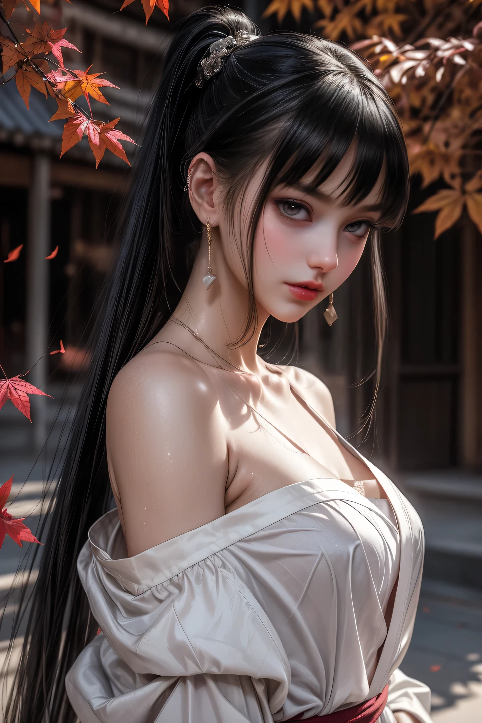 Movie Lighting、((Mastrpiece)),((Best Quality)),((Intricate and detailed)),((Ultra-realistic)), 4K,1 Beauty、、ponytail、((Off-the-shoulder ultra-thin yukata))、Beautiful Face、Beautiful brown eyes、Perfect Face、slender、Cleavage Emphasis、Having a good time、Graphic Illustration,Summer Festival, （The background is the shrine&#39;s Summer Festival.： 1. 4), Silver Hair, Split ponytail, Star-shaped eyes, conceptual art, Art Nouveau, Shining Light, nffsw, Texture skin, Mast, Anatomically correct, Best Quality, 8k((Autumn leaves lined street))((dusk)),((A woman walking surrounded by red maples)),(Tongue stud)、(Lip Nail)、(Nail)、Gemstones Refract bright light、(Healthy Skin、Thin Skin、Attractive look、double eyelid、Jelly Lip、Shining lips 、Small mouth、Small upturned lips、((Perfect skin texture))、Fine skin texture、(gem、pearl、Emerald、Wearing Amber)、(Dynamic hair、High Hair) Ponytail hairstyle、Beaded Hairpin、Layered Hair、Wet Hair、Loose Hair、Wet skin texture)、Glowing Skin、Sparkle 肌、Sparkle、Eyes looking into the lens、High image detail、Super detailed、High resolution、Very detailed、Highest quality、Mast Piece、Illustration、Very detailed、nffsw、Unity、8k wallpaper、wonderful、Fine details、Mastピース、Face Light、Backlight、Cinematic Lighting、((White jacket、Black Tank Top、Black Mini Skirt)),((Wide-angle lens))、(Wide-angle lens) Wide-angle lens）、（Fisheye Lens）、（Camera side）、 ((Dynamic posture))、((whole body))、((Carefully manicured nails))、((Delicate little finger、Perfect toes))、((Camel Toe))、((Correct Anatomy)),Career woman、Beauty、One person女、One person、Long Hair、（Office Lady)、Viewer、Smile、(Big Blue Eyes)、Hair Accessories、gem、(Light brown hair)、Close the mouth、bangs、bracelet、lips、Portrait、Red nails、close、Red lips、Long Hair、Viewer、smile、（after the rain）mouth、bangs、bracelet、lips、Portrait、Red nails、close、Red lips、(Shiny skin)、(whole bodyアングル)、（黒いHigh heels), (Pantyhose)、(She&#39;s wet)、(Long legs)、(whole bodyショット)、(Long legs)、(High heels)、、Underarm、Raise your arms、protogen、Underarm、Show the side、、Sleeveless、upper armを見せる、upper arm、(Raise your arms)、((Autumn leaves are falling))