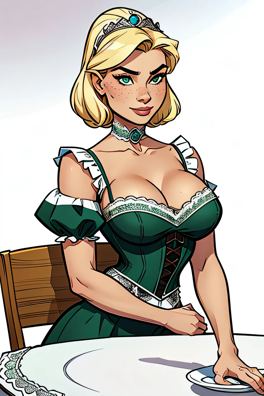 Athletic and thin woman, 25 years, 8k (high definition), mysterious smile, seductive look, green eyes, nose fine, wearing a white royal dress ((lace boat neckline, short puff sleeves)), choker, corset and tiara, arms positioned at the sides of the body, white skin, long and blonde hair ((shoulder height)), sitting at the dinner table ((upper body)), curvy with freckles on her chest and neck, Big, round breasts. Marvel style ((high quality)), white background.