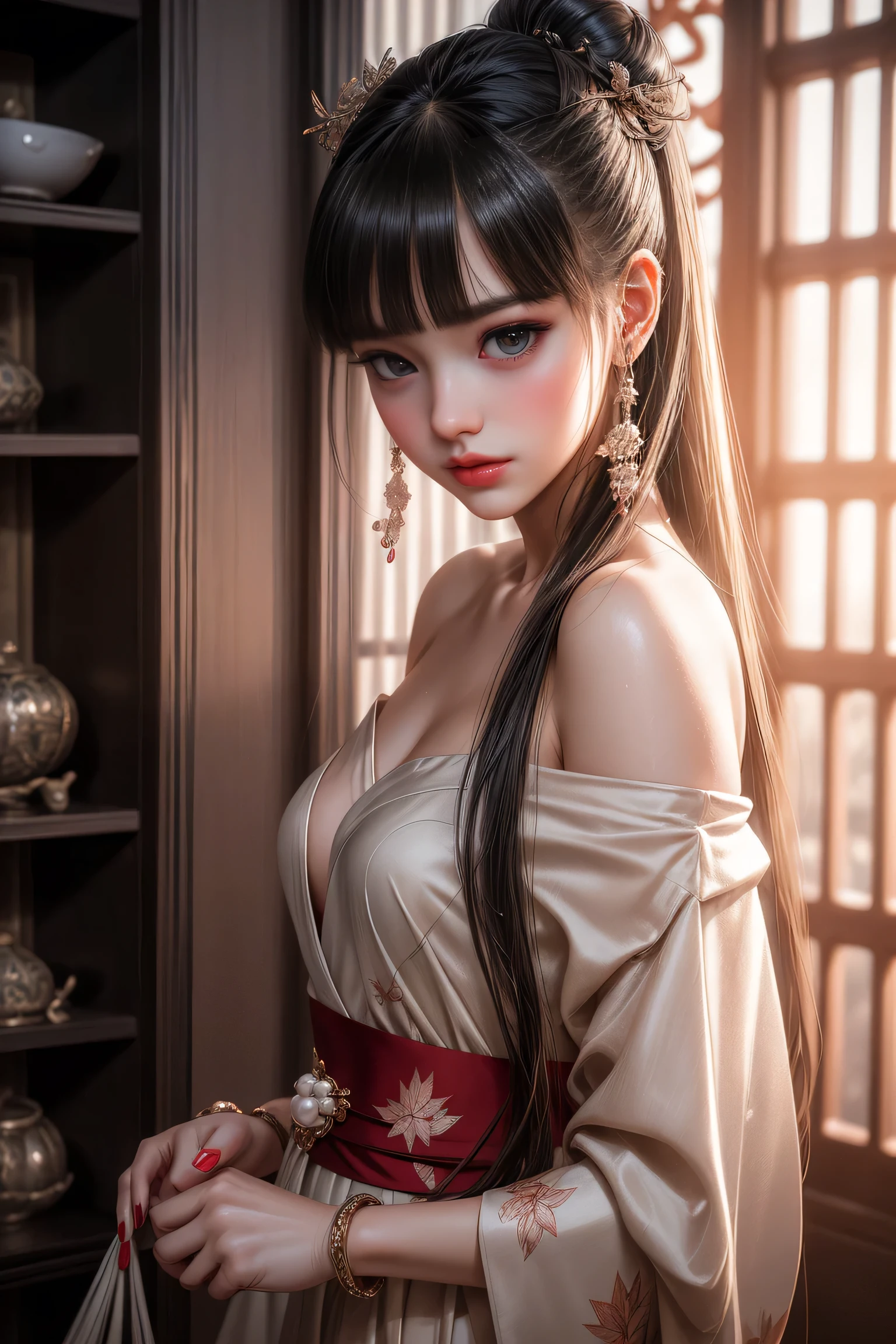 Movie Lighting、((Mastrpiece)),((Best Quality)),((Intricate and detailed)),((Ultra-realistic)), 4K,1 Beauty、、ponytail、((Off-the-shoulder ultra-thin yukata))、Beautiful Face、Beautiful brown eyes、Perfect Face、slender、Cleavage Emphasis、Having a good time、Graphic Illustration,Summer Festival, （The background is the shrine&#39;s Summer Festival.： 1. 4), Silver Hair, Split ponytail, Star-shaped eyes, conceptual art, Art Nouveau, Shining Light, nffsw, Texture skin, Mast, Anatomically correct, Best Quality, 8k((Autumn leaves lined street))((dusk)),((A woman walking surrounded by red maples)),(Tongue stud)、(Lip Nail)、(Nail)、Gemstones Refract bright light、(Healthy Skin、Thin Skin、Attractive look、double eyelid、Jelly Lip、Shining lips 、Small mouth、Small upturned lips、((Perfect skin texture))、Fine skin texture、(gem、pearl、Emerald、Wearing Amber)、(Dynamic hair、High Hair) Ponytail hairstyle、Beaded Hairpin、Layered Hair、Wet Hair、Loose Hair、Wet skin texture)、Glowing Skin、Sparkle 肌、Sparkle、Eyes looking into the lens、High image detail、Super detailed、High resolution、Very detailed、Highest quality、Mast Piece、Illustration、Very detailed、nffsw、Unity、8k wallpaper、wonderful、Fine details、Mastピース、Face Light、Backlight、Cinematic Lighting,((Wide-angle lens))、（Camera side）、 ((Dynamic posture))、((whole body))、((Carefully manicured nails))、((Delicate little finger、Perfect toes))、((Camel Toe))、((Correct Anatomy)),Career woman、Beauty、One person女、One person、Long Hair、（Office Lady)、Viewer、Smile、(Big Blue Eyes)、Hair Accessories、gem、(Light brown hair)、Close the mouth、bangs、bracelet、lips、Portrait、Red nails、close、Red lips、Long Hair、Viewer、smile、（after the rain）mouth、bangs、bracelet、lips、Portrait、Red nails、close、Red lips、(Shiny skin)、(whole bodyアングル)、（黒いHigh heels), (Pantyhose)、(She&#39;s wet)、(Long legs)、(whole bodyショット)、(Long legs)、(High heels)、、Underarm、Raise your arms、protogen、Underarm、Show the side、、Sleeveless、upper armを見せる、upper arm、(Raise your arms)、((Autumn leaves are falling))