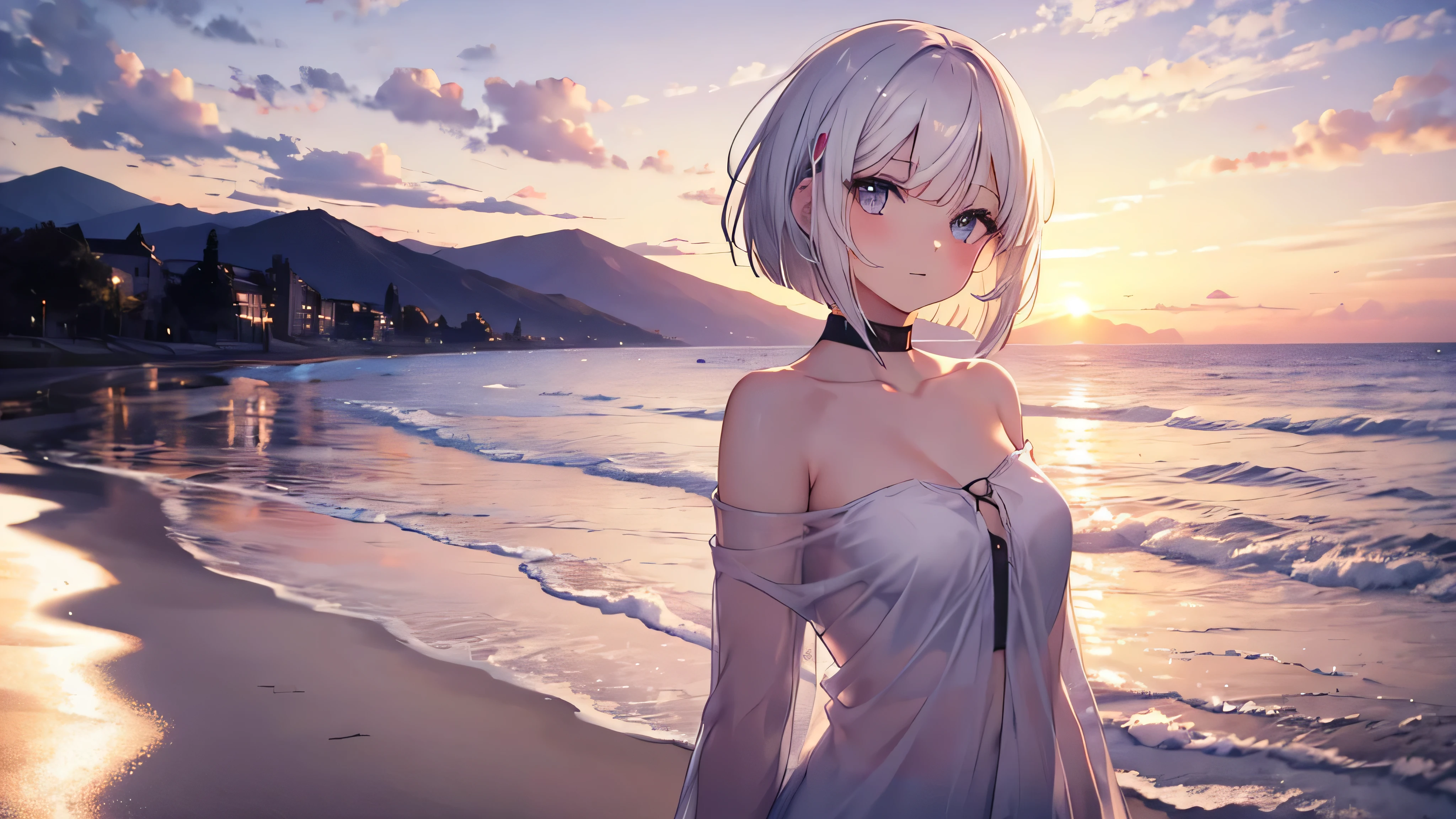 (Sunset Scene, Soft lighting, High saturation):1.4, Vivid lighting, Enchanting elegance, Atmospheric Depth, Great technology, Naturalistic representation, Harmonious composition, Creative refinement, Striking contrast, (One beautiful girl), smile, bikini, Expose, Short gray hair ,Volumetric Fog, Outdoor, Backlight, Ocean, Small breasts