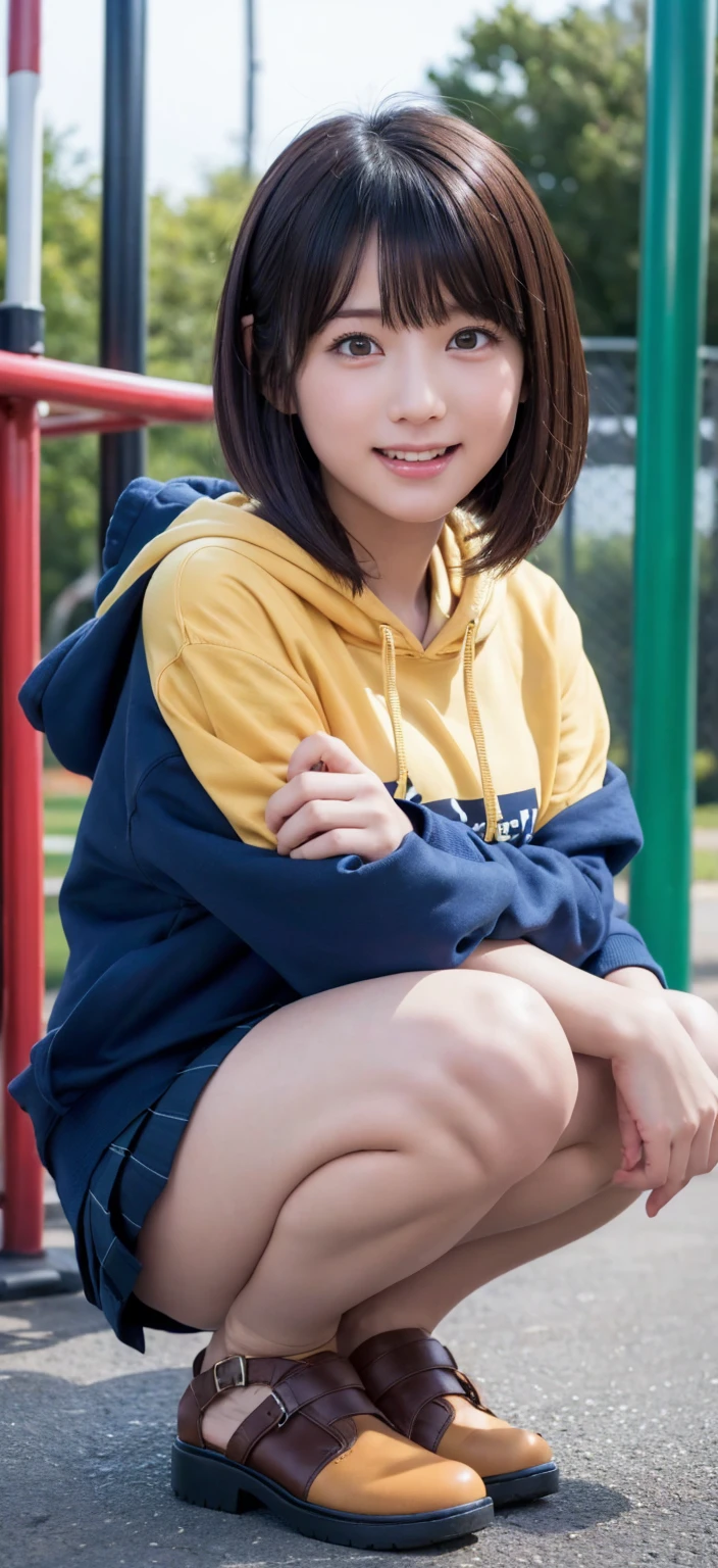 From the side, Asian Squat, One beautiful girl, (Cropped hoodie, Navy blue pleated micro mini skirt:1.3), (:1.3), break, (Park playground equipment background), break, Shy laugh, baby face, Very beautiful eyes, (Symmetrical eyes:1.3), break, Brown eyes、Straight nose, Parted bangs, Brown Bob Cut:1.3, Round face, cute, break, (Eyes and face detailed:1.0), Shoot from below:1.3, Pussy Line, Camel Toe, Looking into the camera, masterpiece, RAW Photos, Realistic, cute people々, detailed boundary, High resolution, Very detailedな, detailed, Very detailed, Very detailed, Sharp Eye, Cinema Lighting, whole body