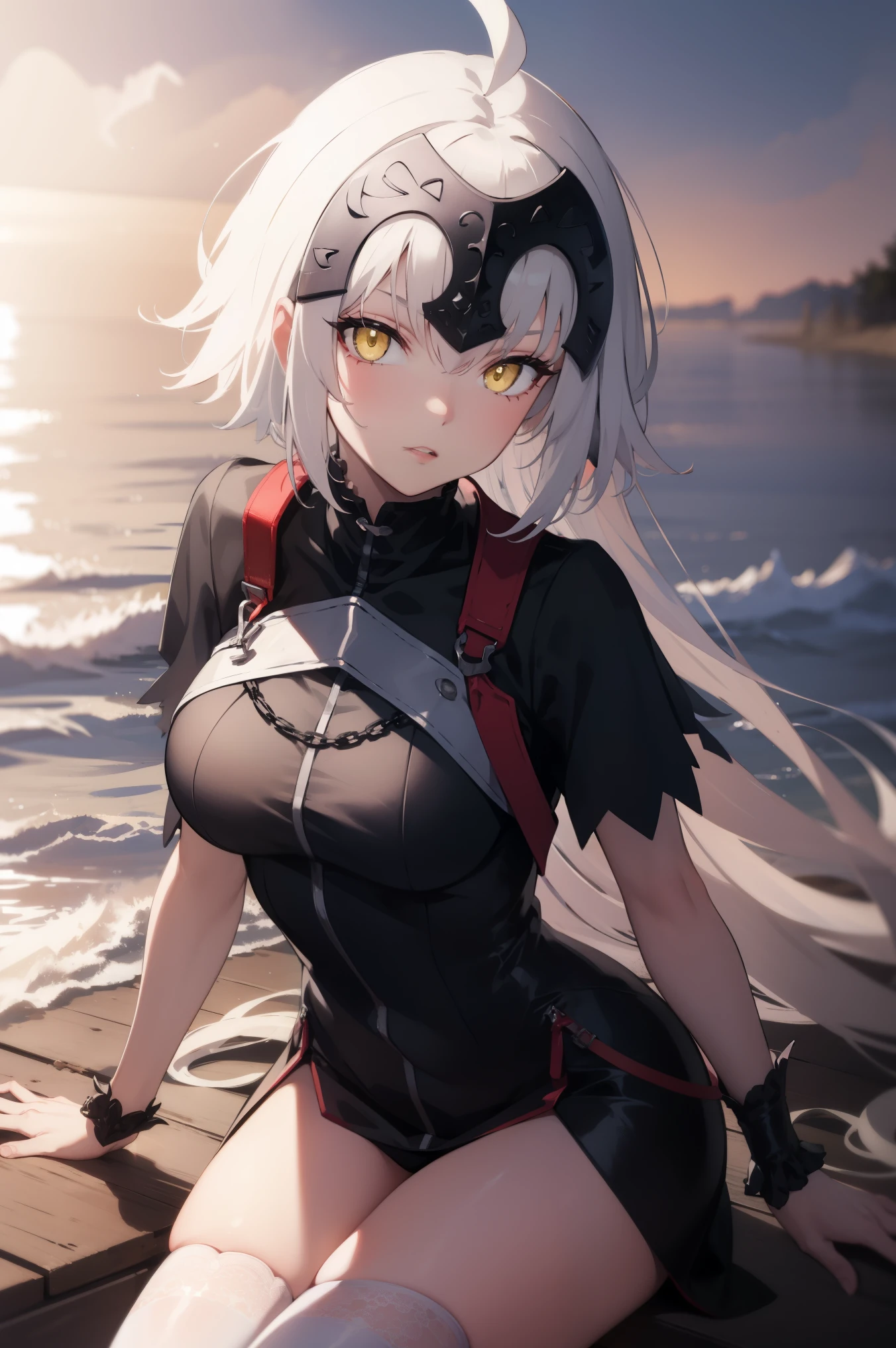 jalter, jalter, white hair, (yellow eyes:1.5), headpiece, ahoge, long hair, very long hair,
BREAK uniform, white shirt, white thighhighs,
BREAK outdoors, beach,
BREAK looking at viewer, BREAK (masterpiece:1.2), best quality, high resolution, unity 8k wallpaper, (illustration:0.8), (beautiful detailed eyes:1.6), extremely detailed face, perfect lighting, extremely detailed CG, (perfect hands, perfect anatomy),