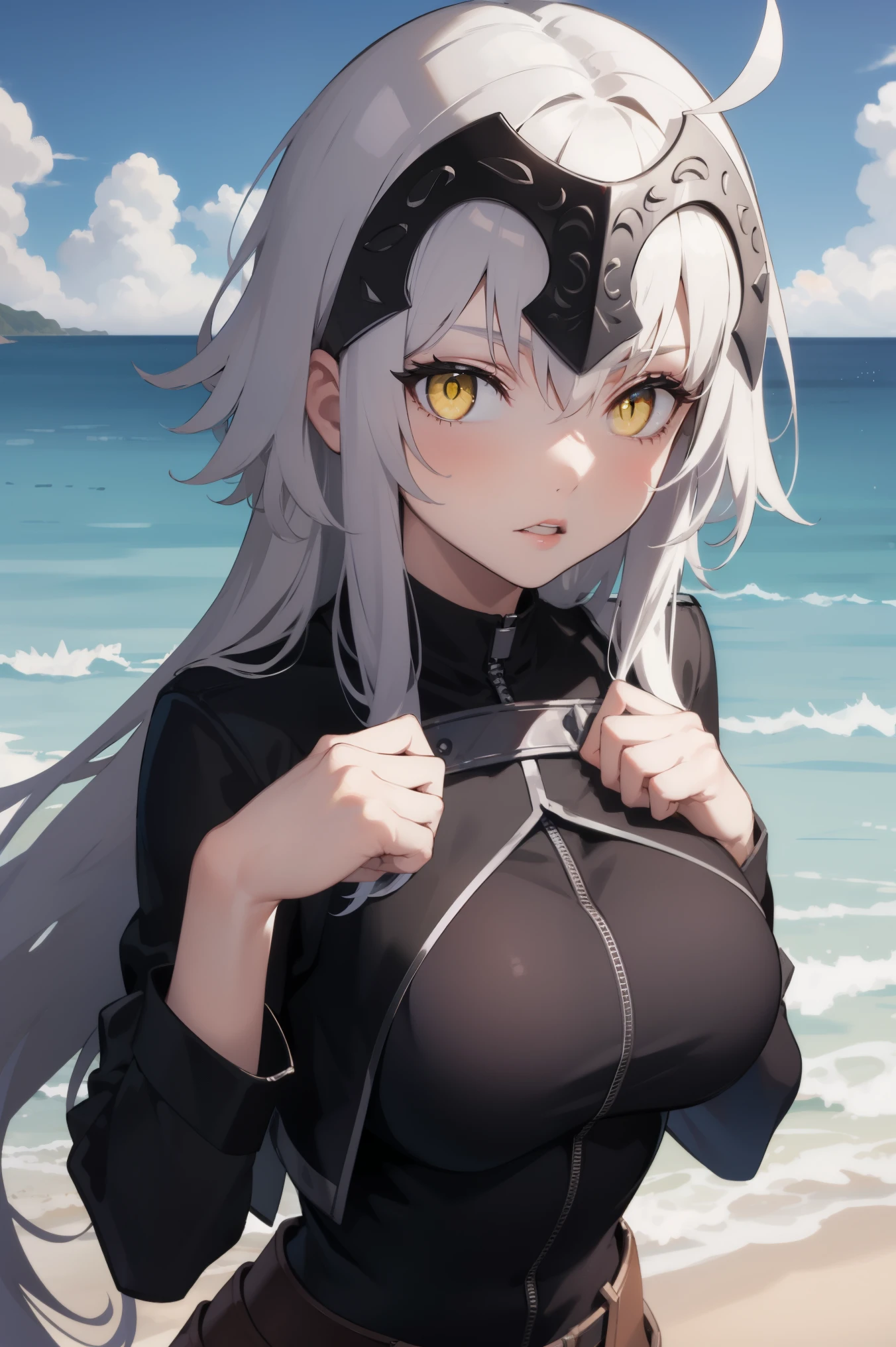 jalter, jalter, white hair, (yellow eyes:1.5), headpiece, ahoge, long hair, very long hair,
BREAK uniform, white shirt, white thighhighs,
BREAK outdoors, beach,
BREAK looking at viewer, BREAK (masterpiece:1.2), best quality, high resolution, unity 8k wallpaper, (illustration:0.8), (beautiful detailed eyes:1.6), extremely detailed face, perfect lighting, extremely detailed CG, (perfect hands, perfect anatomy),