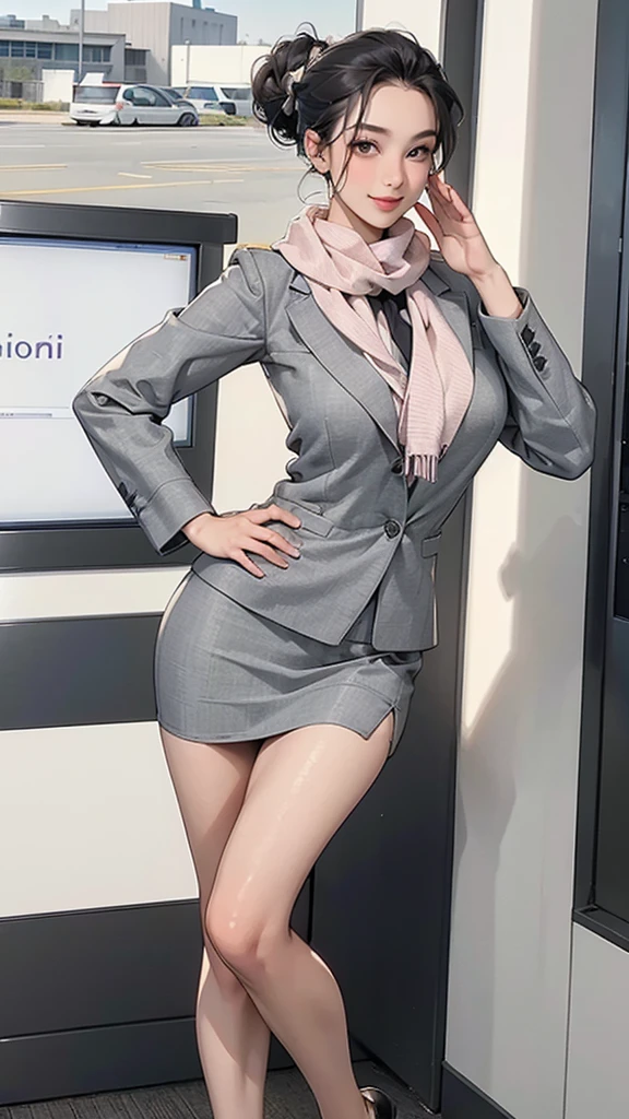 (1girl, solo:1.3, seductive woman, 36yo), (Stewardess, mini pencil-skirt), (standing), clear skin, slim, salute, scarf, black updo, [grin:0.7], saggy huge breasts, airport, high heels, facing view, (best quality, realistic, highres), ultra detailed, beautiful detailed face, makeup 