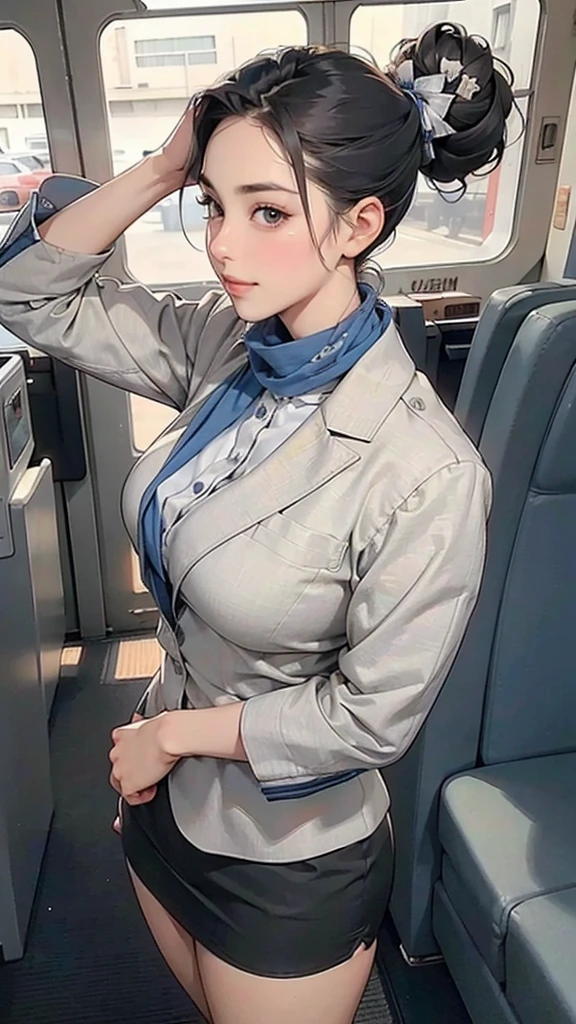 (1girl, solo:1.3, seductive woman, 36yo), (Stewardess, mini pencil-skirt, navy blue ), (standing), clear skin, slim, salute, scarf, black updo, [grin:0.7], saggy huge breasts, airport, high heels, facing view, (best quality, realistic, highres), ultra detailed, (beautiful detailed face, makeup, big eyes, beautiful lips, just about, kissing)