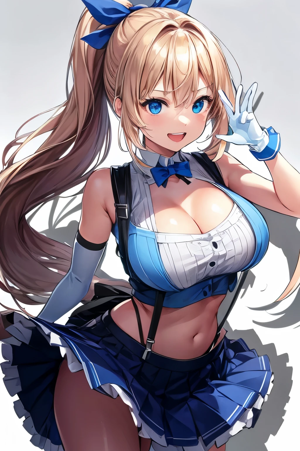 masterpiece, best quality, highly detailed, ultra high res, asuna ichinose, 1girl, animal ears, asymmetrical bangs, bare shoulders, black pantyhose, blue bow, blue bowtie, blue leotard, blue ribbon, bow, bowtie, card, cleavage, collar, covered navel, detached collar, fake animal ears, highleg, highleg leotard, leotard, pantyhose, rabbit ears, ribbon, sideboob, sidelocks, strapless, strapless leotard, swept bangs, thighband pantyhose, thighs, white collar, wing collar (gigantics breast:1.3), looking back at viewer, city, (sunset:1.2)