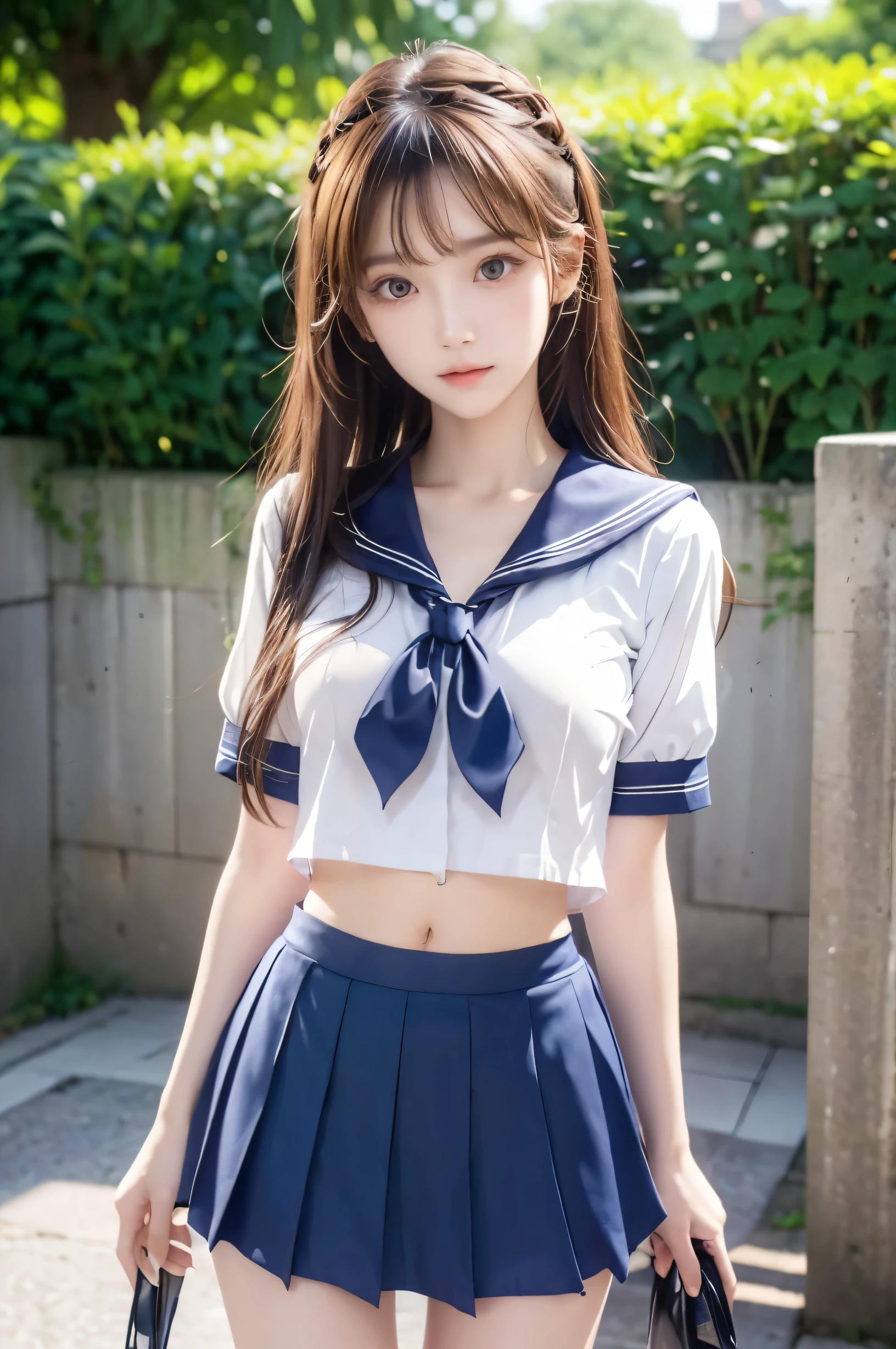 (Ultra HD), (Looking at me), (Short-sleeved sailor uniform, Navy blue mini skirt), Big Breasts, Super beautiful breasts, Slender, (Thin legs:1.2), (Thin thighs:1.2), (Thin Hips:1.4), (Beautiful Skin, Shiny skin, White skin), (Super slim face, Super beautiful face, No makeup, Smile:0.6), (Light Brown, Long Hair, Layered Cut, Fluffy hair), (Big eyes:1.3, High corners of the eyes:1.6, double eyelid), (Thin eyebrows:0.1), (Small Nose:0.6), (Thin lips:0.6), Beautiful Hands, Empty-handed, Standing, In front of the school gate