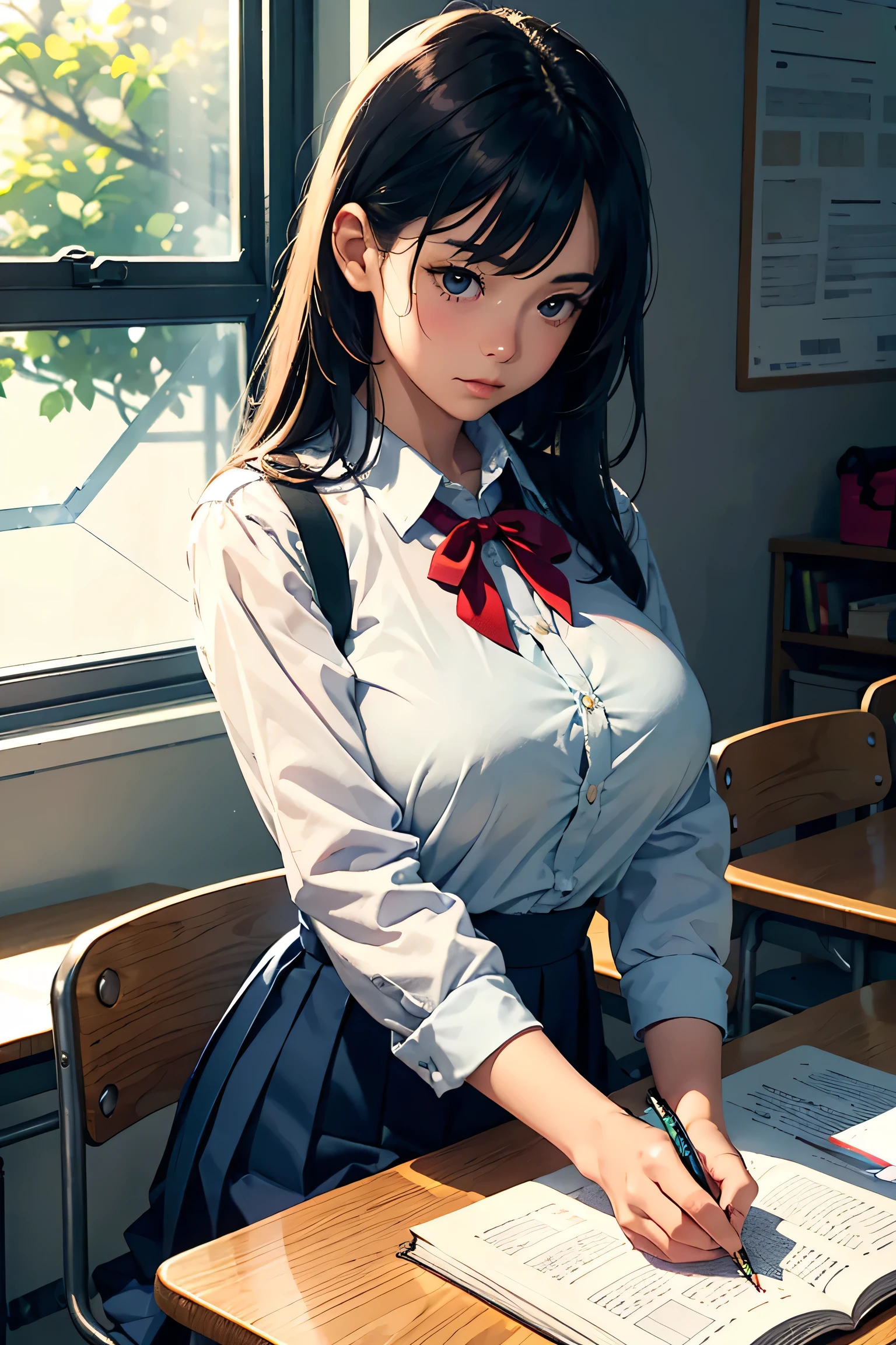 (masterpiece、highest quality)、Beautiful illustrations、Gazing at the viewer、Beautiful thighs、Front view、1 girl、Mature high school girl、A high school girl who looks 25 years old、Shiny skin、(Shoot Hair)、Big eyes、Long eyelashes、very tall、 Beautiful Hair、Beautiful Face、Beautiful Eyes、 Beautiful breasts、Beautiful thighs、Beautiful legs、Beautiful fingers、(((brown knit vest、Short sleeve white collar shirt、Navy Pleated Skirt)))、((Red bow tie))、(In the classroom)、Are standing、((smile))、(((((Skirt lift with both hands、I can see her panties and black pantyhose)))))
