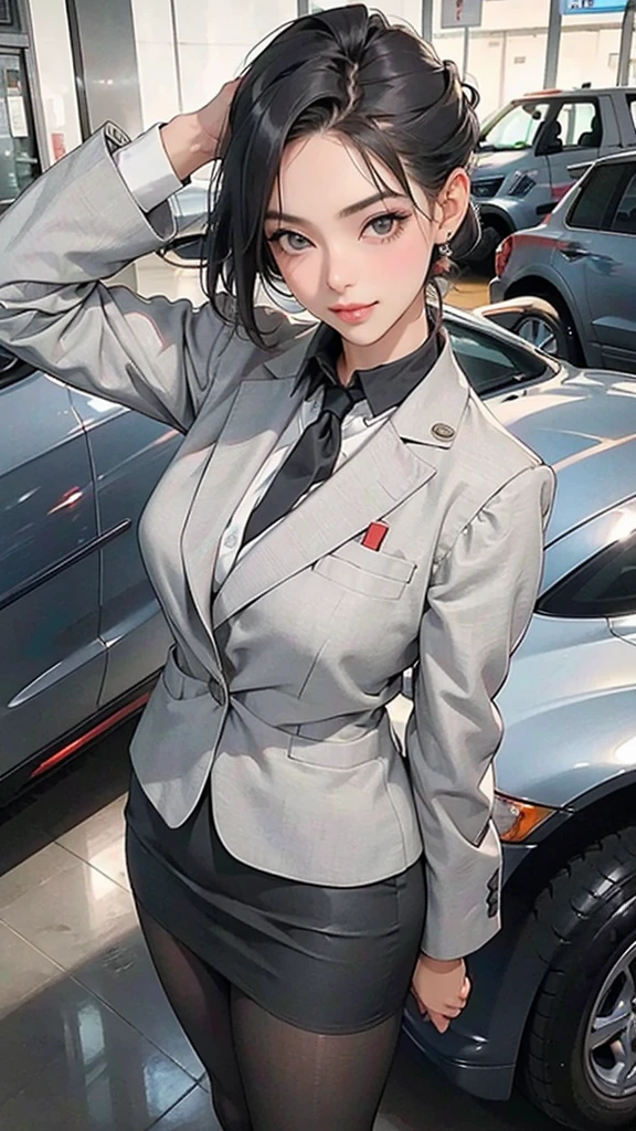 (1girl, solo:1.3, seductive woman, 29yo), (Stewardess, (black mini pencil-skirt), pantyhose ), (standing), clear skin, slim, salute, scarf, black updo, [smile:0.7], saggy huge breasts, airport, high heels, facing view, (best quality, realistic, highres), ultra detailed, (beautiful detailed face, makeup, big eyes, beautiful lips, full of sex appeal )