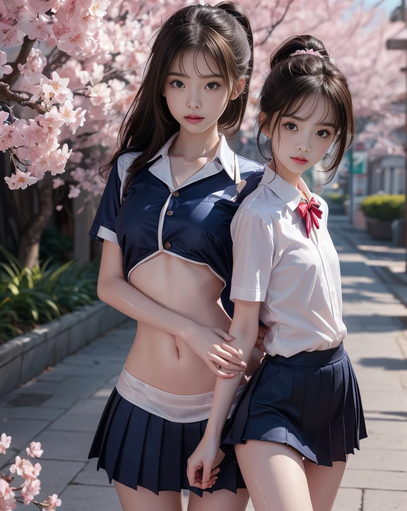 (((Mansion gardens, Photoshoot while taking a walk, Cherry blossoms are blooming))), (Very erotic and cute girl:1.5), ((A face that feels sexual pleasure, Estrus)), (flasher:1.2), Small and cute face, (beautiful girl:1.1), (Baby Face:1.3), Thin eyebrows, Beautiful Eyes, ((Big Eyes:1.2)), Nose is too small, Beautiful Eyes, (1 girl:1.5),Detailed and detailed depiction, (8k, 16k, 32K, RAW Photos, Best Quality, masterpiece:1.2), (Realistic:1.37, Realistic:1.37), Ultra-high resolution:1.4, A bright and cute girl, 8k, RAW Photos, Beautiful girl:2.0, Petite body, A girl with a childish body, Slim figure:1.6, skinny:1.6, Sexy and beautiful back, Beautiful and seductive back, Thin arms, Slim and beautiful legs, Slim and beautiful thighs, Sexy belly button, Cute little nipples, Sensitive nipples, Hard erect nipples, Cute little vagina, Beautiful vagina shape, Beautiful and seductive vagina, Sensitive clitoris, Beautiful crotch, (((Flat Chest:1.0))), (1 girl:1.5),(完璧な8頭身のbeautiful girl), (Perfect balance), Realistic:1.4, (Fine hand, Perfect hands, Beautiful little hands:1.2), Very detailed, (flasher:1.2), (((Perfect Anatomy:1.3))), (((Cherry blossoms are blooming庭園をPhotoshoot while taking a walk, School uniform, See-through white blouse, maroon tie, Navy blue pleated skirt, ponytail, Sweating all over, My whole body is wet with sweat, Costumes that are too tight on the body))), (1 girl:1.5), Realistic:1.3, (Ultra-high resolution:1.4, 8k, 16k, 32K, ((masterpiece:1.2)), RAW Photos), Film Grain, chromatic aberration, Sharp focus, (Detailed eyes and face, Professional camera techniques), Award-winning,