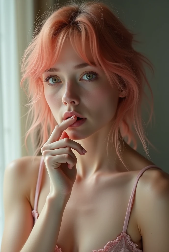 highres, masterpiece, perfect lighting, bloom, night, dark, cinematic lighting, adult, female, looking at viewer, portrait, upper body, simple background, black background, (RSEEmma:1.5),, naked, breasts, , vivid green eyes, thick eyebrows, freckles, bangs, black hair:pink hair, long flowing hair, ponytail, :), smile,