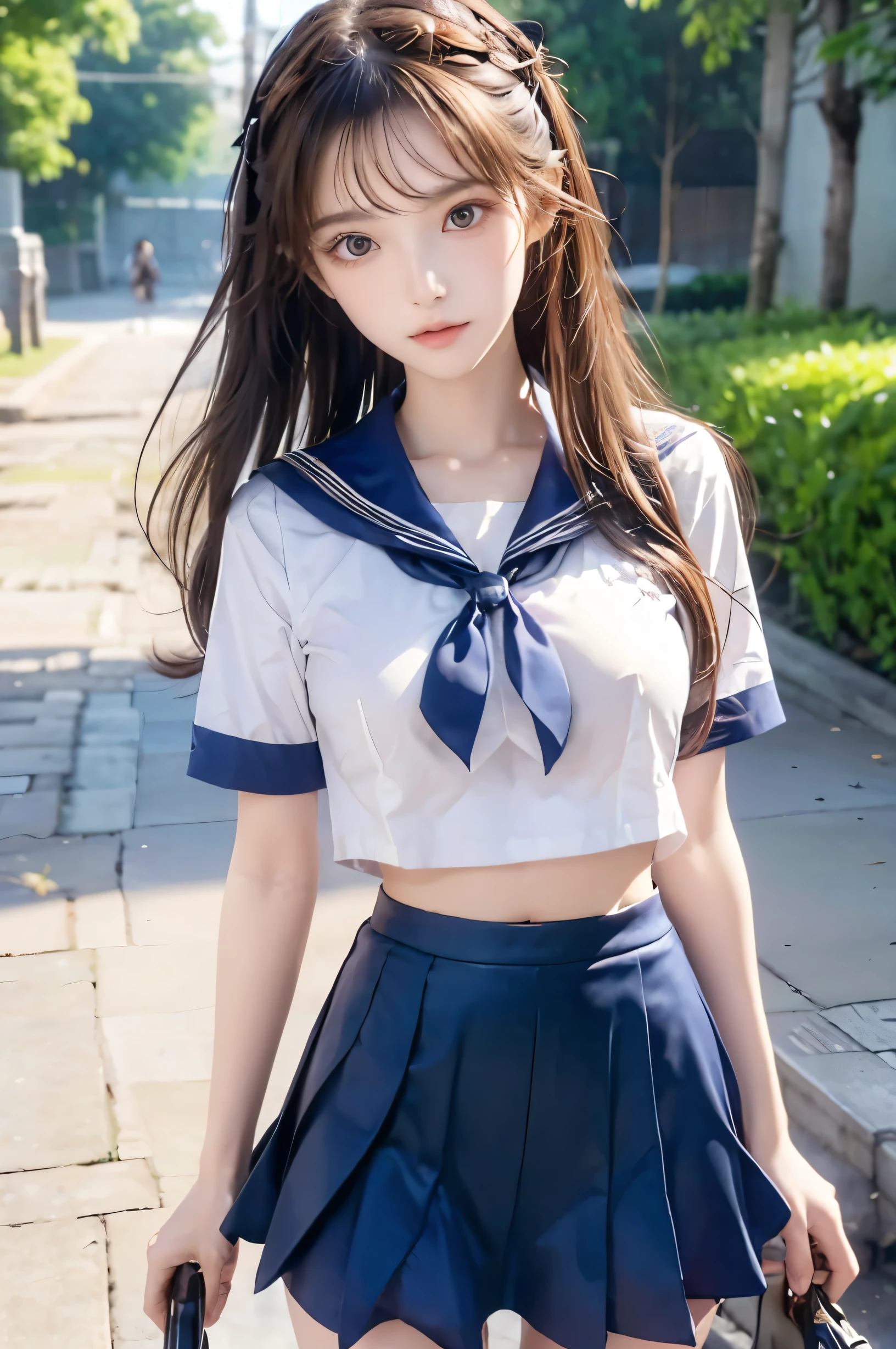 (Ultra HD), (Looking at me), (Short-sleeved sailor uniform, Navy blue mini skirt), Big Breasts, Super beautiful breasts, Slender, (Thin legs:1.2), (Thin thighs:1.2), (Thin Hips:1.4), (Beautiful Skin, Shiny skin, White skin), (Super slim face, Super beautiful face, No makeup, Smile:0.6), (Light Brown, Long Hair, Layered Cut, Fluffy hair), (Big eyes:1.3, High corners of the eyes:1.6, double eyelid), (Thin eyebrows:0.1), (Small Nose:0.6), (Thin lips:0.6), Beautiful Hands, Empty-handed, Standing, In front of the school gate