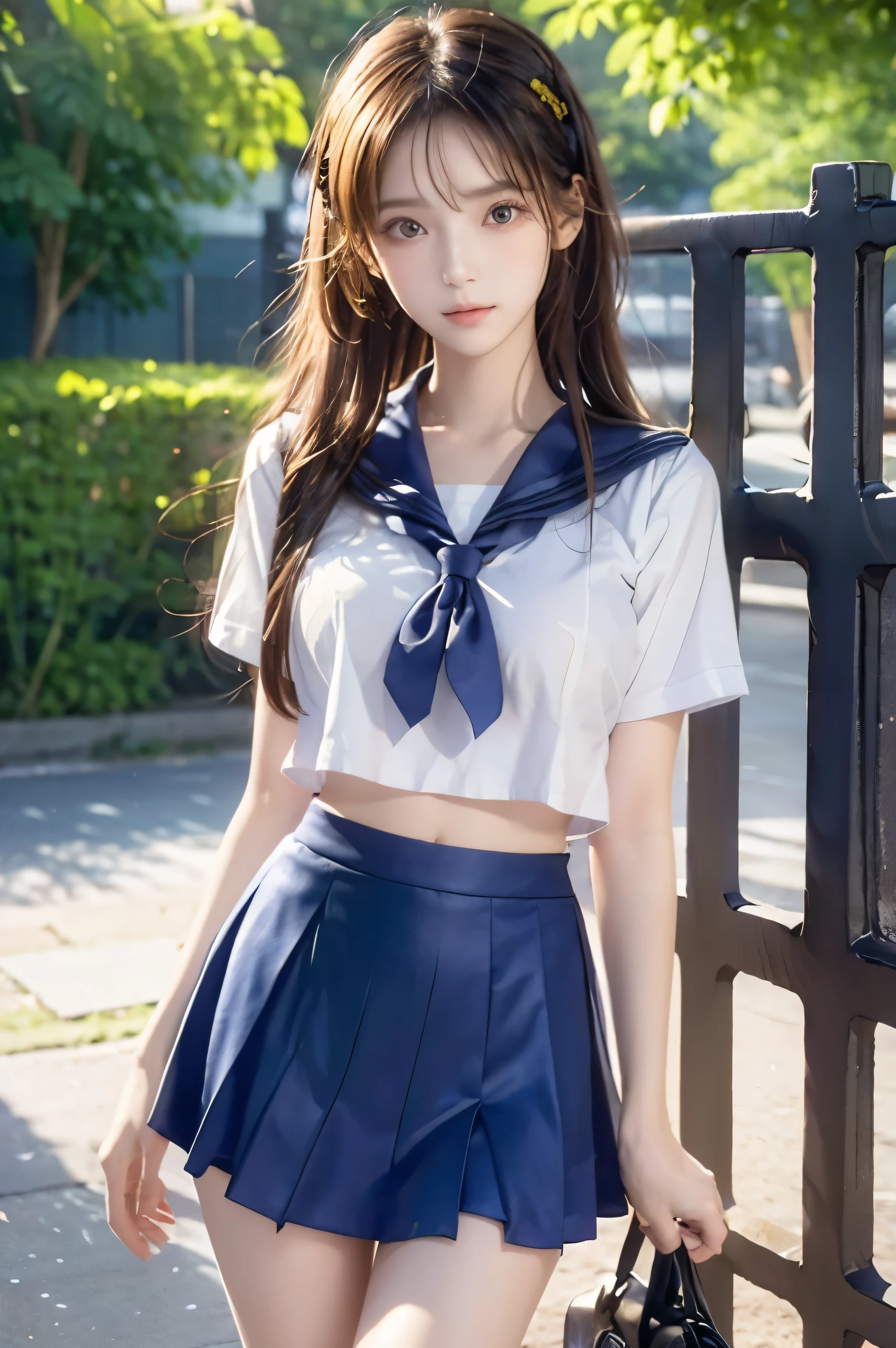 (Ultra HD), (Looking at me), (Short-sleeved sailor uniform, Navy blue mini skirt), Big Breasts, Super beautiful breasts, Slender, (Thin legs:1.2), (Thin thighs:1.2), (Thin Hips:1.4), (Beautiful Skin, Shiny skin, White skin), (Super slim face, Super beautiful face, No makeup, Smile:0.6), (Light Brown, Long Hair, Layered Cut, Fluffy hair), (Big eyes:1.3, High corners of the eyes:1.6, double eyelid), (Thin eyebrows:0.1), (Small Nose:0.6), (Thin lips:0.6), Beautiful Hands, Empty-handed, Standing, In front of the school gate