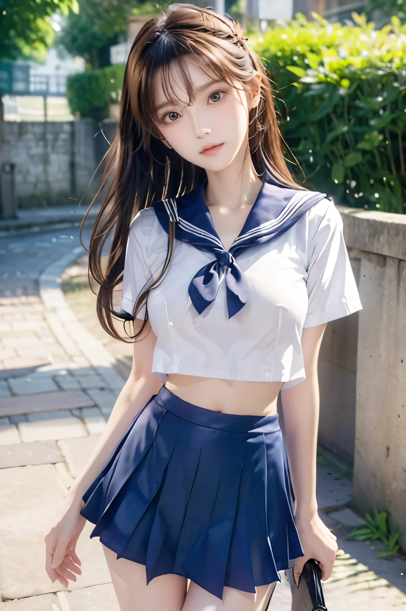 (Ultra HD), (Looking at me), (Short-sleeved sailor uniform, Navy blue mini skirt), Big Breasts, Super beautiful breasts, Slender, (Thin legs:1.2), (Thin thighs:1.2), (Thin Hips:1.4), (Beautiful Skin, Shiny skin, White skin), (Super slim face, Super beautiful face, No makeup, Smile:0.6), (Light Brown, Long Hair, Layered Cut, Fluffy hair), (Big eyes:1.3, High corners of the eyes:1.6, double eyelid), (Thin eyebrows:0.1), (Small Nose:0.6), (Thin lips:0.6), Beautiful Hands, Empty-handed, Standing, In front of the school gate