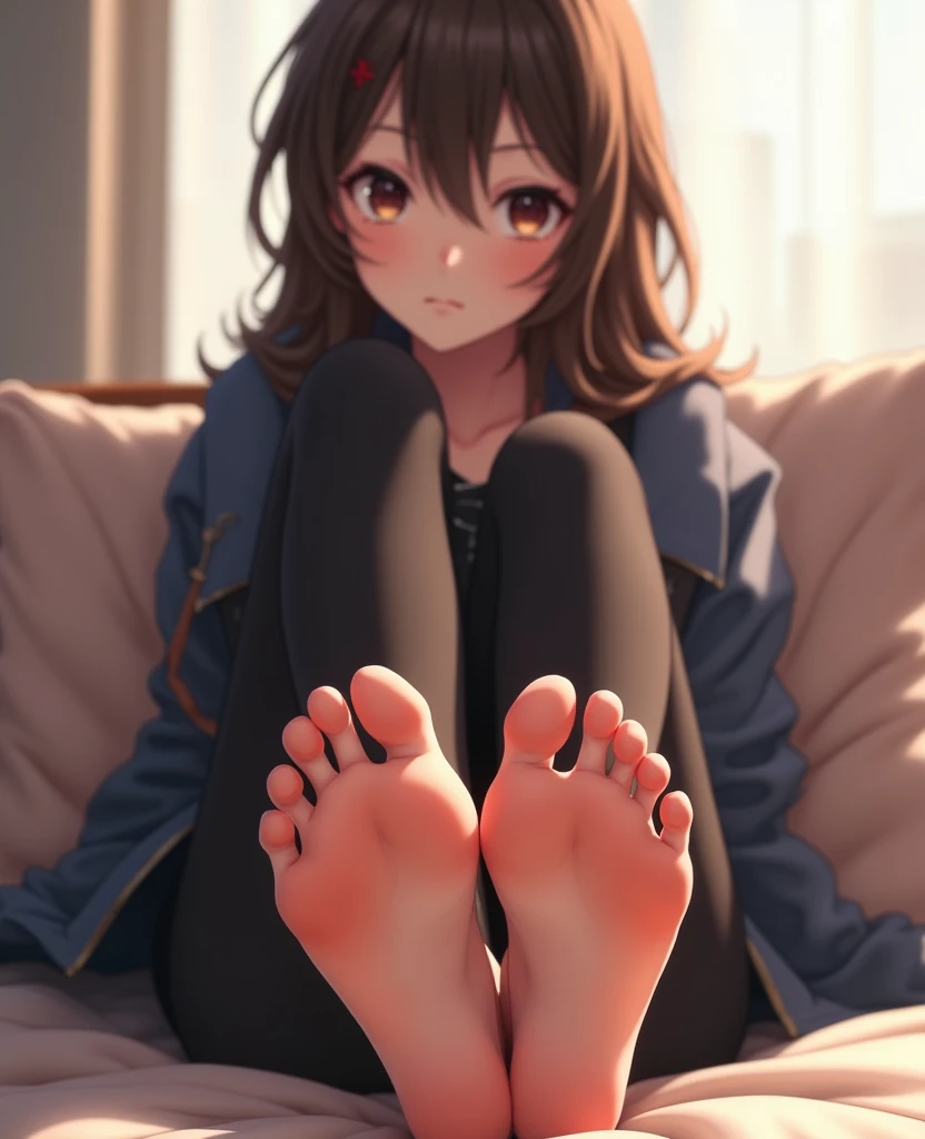 Intricate anime illustration of a woman wearing leggings and a jacket, bare foot, feet focus, foot sole, depth of field, cinematic 