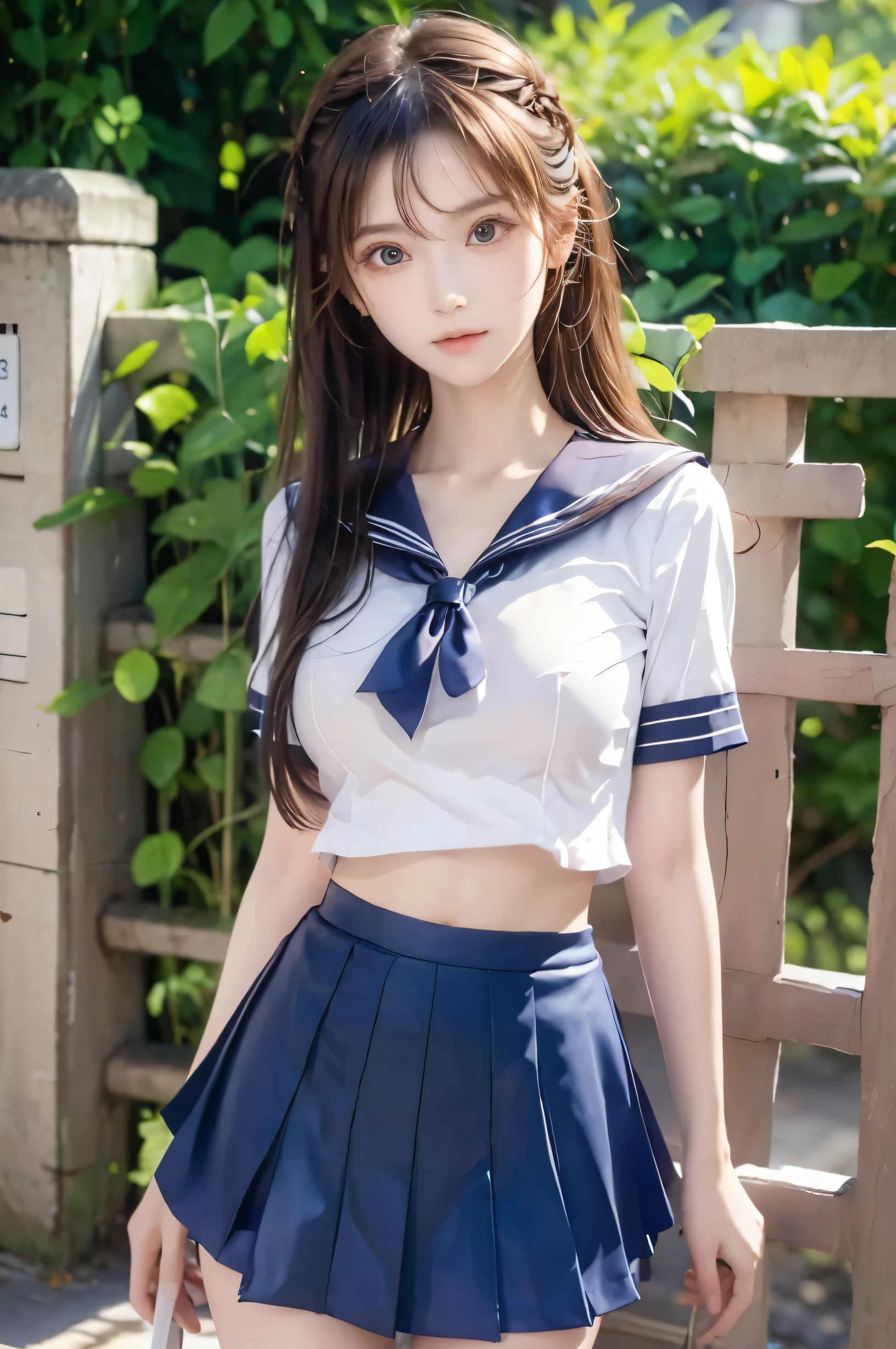 (Ultra HD), (Looking at me), (Short-sleeved sailor uniform, Navy blue mini skirt), Big Breasts, Super beautiful breasts, Slender, (Thin legs:1.2), (Thin thighs:1.2), (Thin Hips:1.4), (Beautiful Skin, Shiny skin, White skin), (Super slim face, Super beautiful face, No makeup, Smile:0.6), (Light Brown, Long Hair, Layered Cut, Fluffy hair), (Big eyes:1.3, High corners of the eyes:1.6, double eyelid), (Thin eyebrows:0.1), (Small Nose:0.6), (Thin lips:0.6), Beautiful Hands, Empty-handed, Standing, In front of the school gate