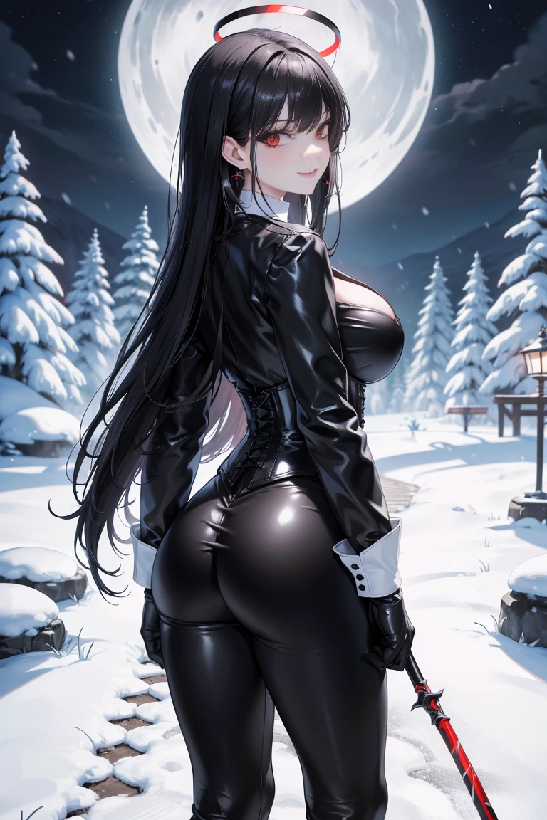 Masterpiece, Beautiful art, professional artist, 8k, art style by sciamano240, Very detailed face, Detailed clothing, detailed fabric, torso leaning forward, 1 girl, torso leaning completely forward, showing the ass, perfect ass, perfectly drawn body, beautiful face, long black hair, Blue eyes, very detailed eyes, pink cheeks, shy expression, choker:1.6, (white long sleeve button down shirt with white collar), black gloves, gloves that cover hands, (black leather corset), (shiny black leggings), Black leather boots, Sensual Lips , evening de invierno, show details in the eyes, Dark road, dark forest, evening, Atmosphere, fog