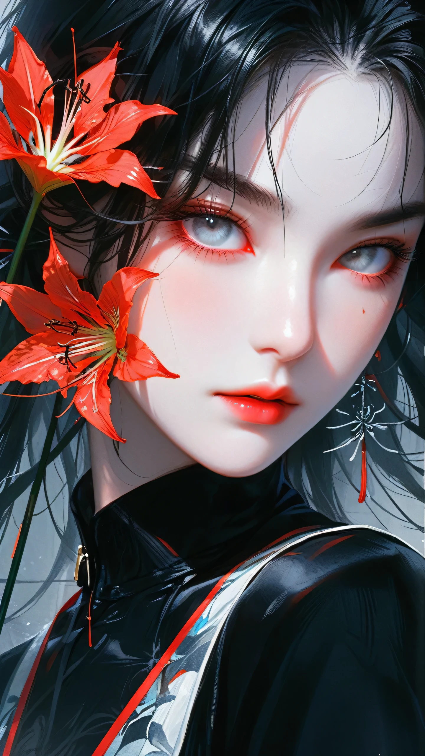 (Top resolution、Distinct_image)top-quality、FEMALES、​masterpiece、ighly detailed、Semi-realistic、Black  hair、Dark hair、grey  eyes、bangss、25-years old、Mature、young、Exquisite facial features、Facial features,closing eye, red spider lily