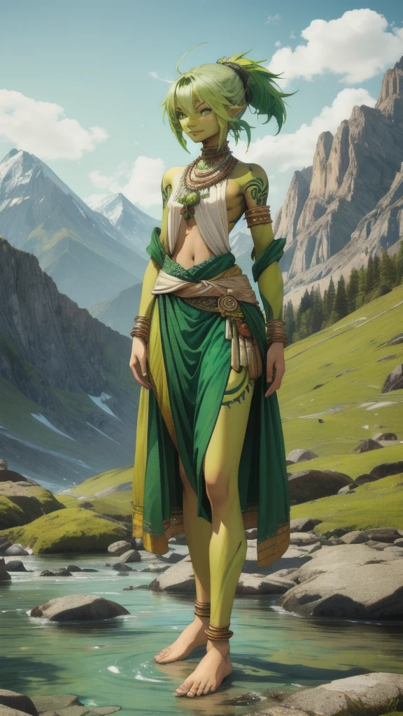 Woman with green hair and green skin，indian clothing，Full body tattoo，short man，Bare arms，Bare waist，slim figure，Bare Legs，barefoot，Standing，Mountain stream