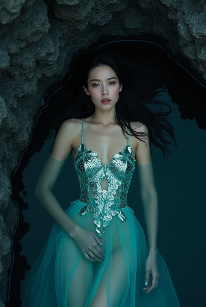 Surreal underwater photograph featuring an asian woman with long, flowing dark hair. She is wearing a shimmering, green gown adorned with sparkling sequins that catch the light, creating a magical, ethereal effect. The gown flows gracefully around her, blending with the water. Her facial features are soft and serene, with a calm expression. The background is a deep, dark blue-green, with light filtering through the water, adding to the dreamlike atmosphere. Bubbles surround her, enhancing the underwater illusion.