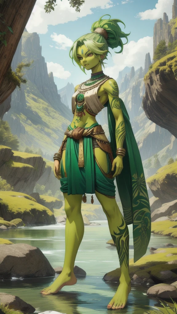 Woman with green hair and green skin，indian clothing，Full body tattoo，short man，Bare arms，Bare waist，slim figure，Bare Legs，barefoot，Standing，Mountain stream