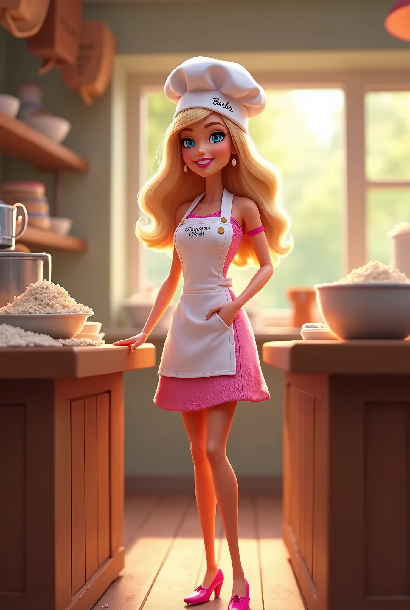 Create a Disney Pixar Poster. Barbie chef de cozinha full body, with shoulder length blonde hair, chef hat written Barbie with happy smile, small blue eyes. full body , showing legs and pink shoes. She wears small earrings. She is making cookies at a bakery. She wears a PINK dress with a white apron, full body. She has a badge with the following inscription: "chef". high image quality