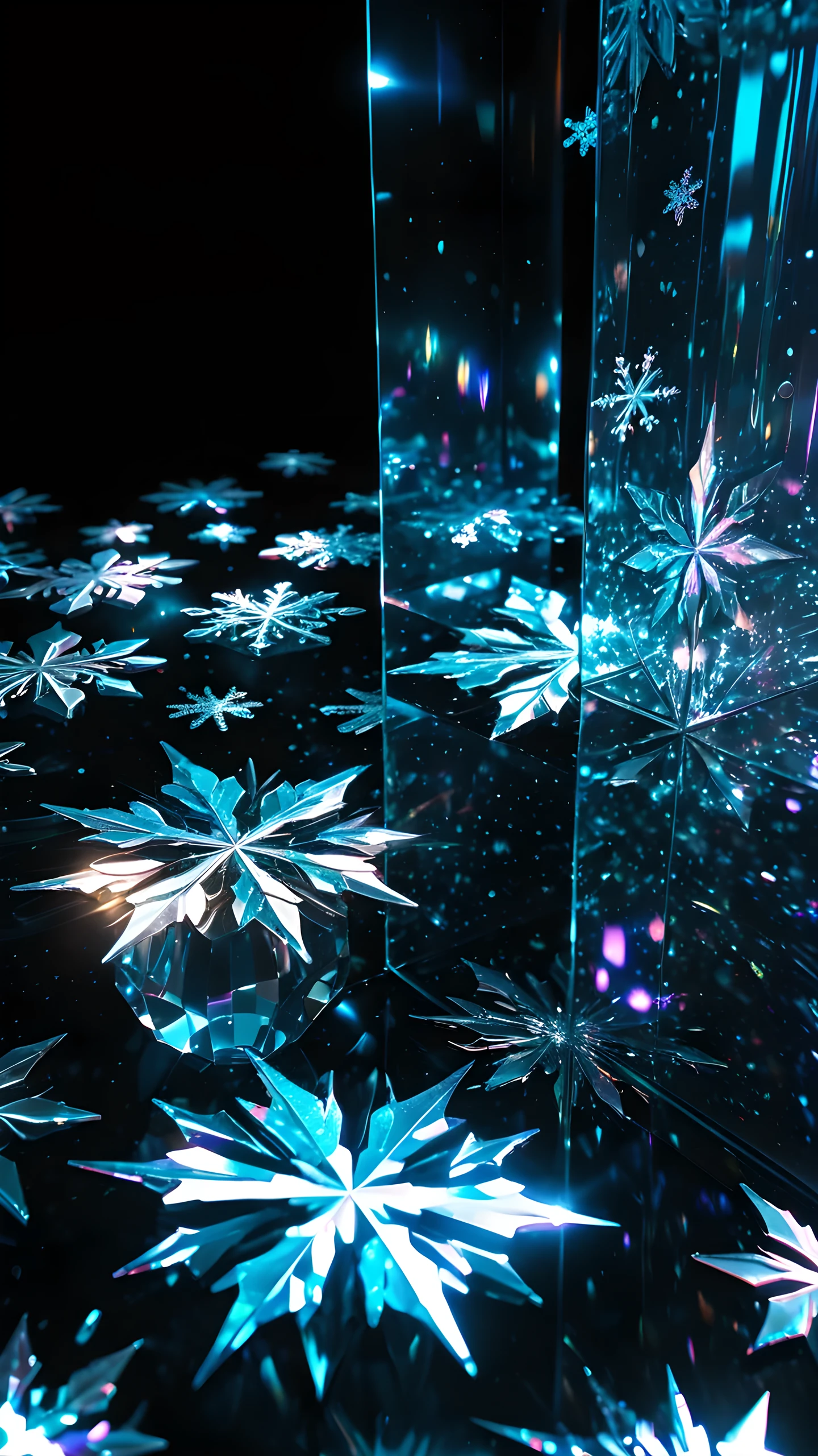 a black canvas, transparent sparkling snowflakes falling, transparent holographic reflections,highly detailed, intricate, hyperrealistic, cinematic lighting, dramatic lighting, volumetric lighting, 3D depth, crystal-like textures, glass-like surfaces, ethereal, dreamlike, mystical, otherworldly, magical, glowing, shimmering, refracting, iridescent, translucent, luminous, radiant