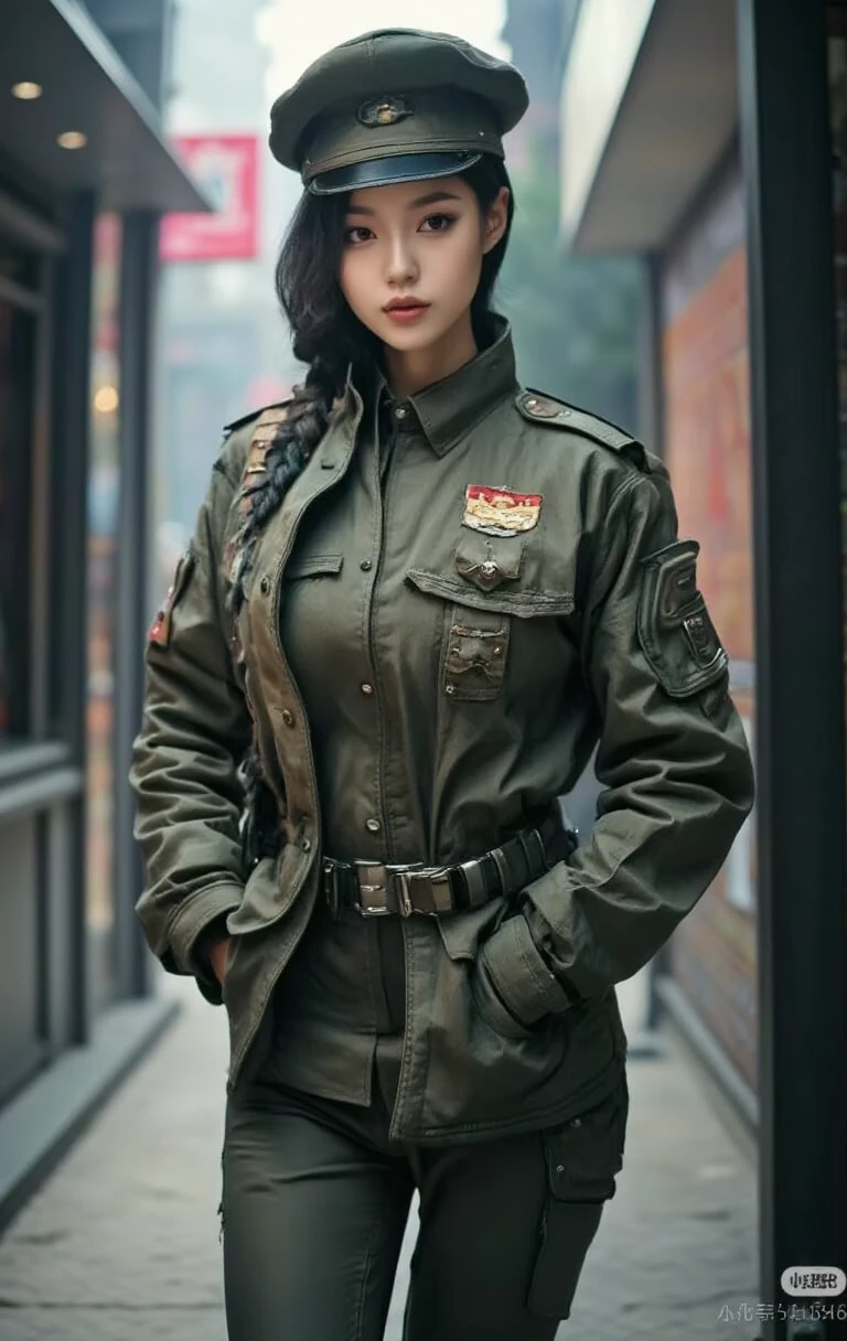A beautiful woman wearing army soldier dress, detailed face, realistic, detailed pale skin, detailed body, detailed dress up, 8k