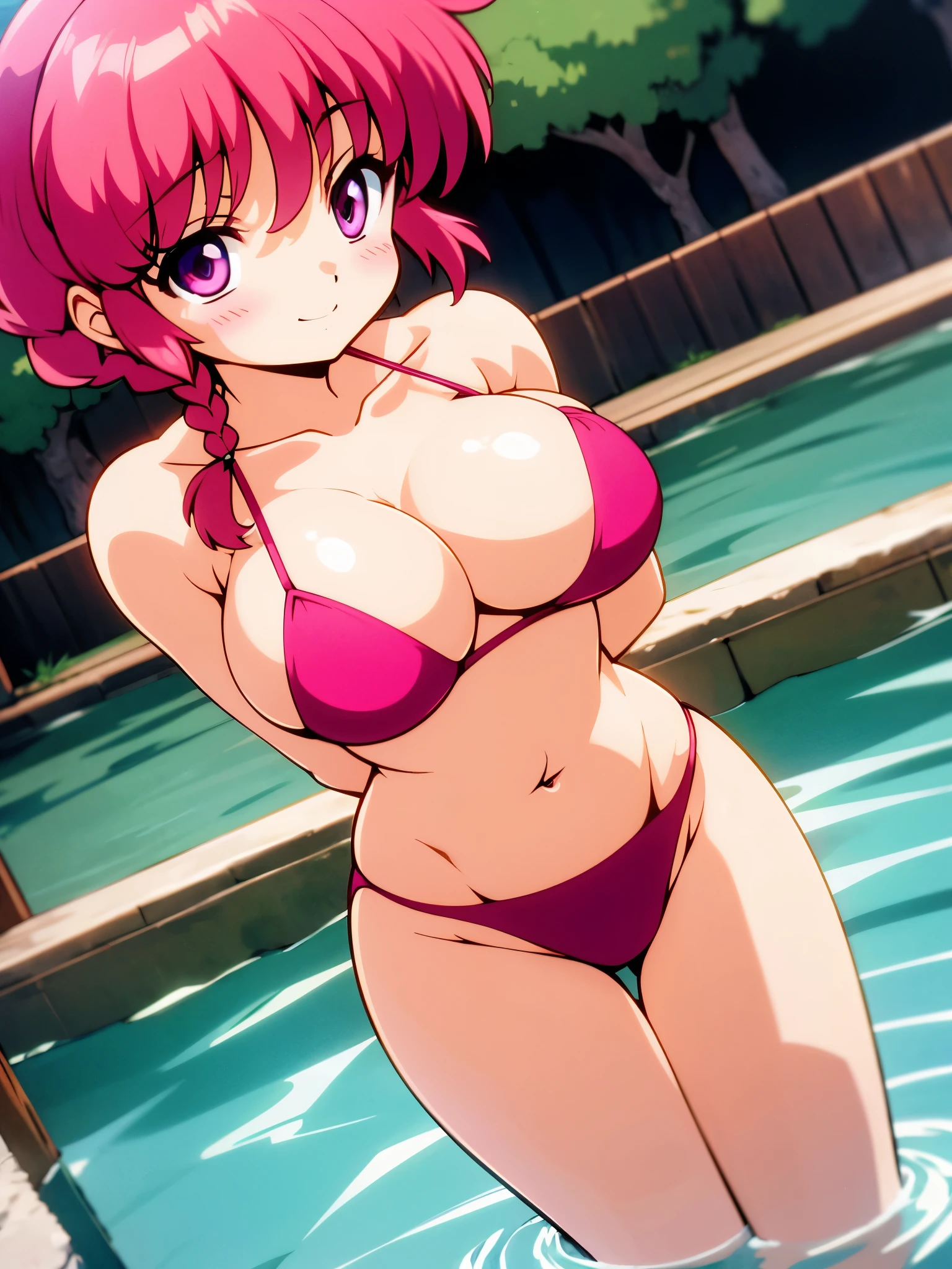 1girl, solo, detailed anime style, perfect anatomy, detailed eyes, waist, beautiful girl, pink eyes, detailed eyes, blush, medium hair, pink hair, braid, braided ponytail, green bikini, navel, collarbone, midriff, smile, standing, perfect hands, outdoors, mixed-sex bathing, japanese bath, solo focus, expressive eyes, long eyelashes, big boobs, high quality, 