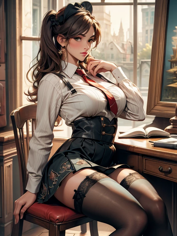Mediterranean brunette with slim waist and thick curves wearing a corset with pencil skirt and knee boots and choker necklace.