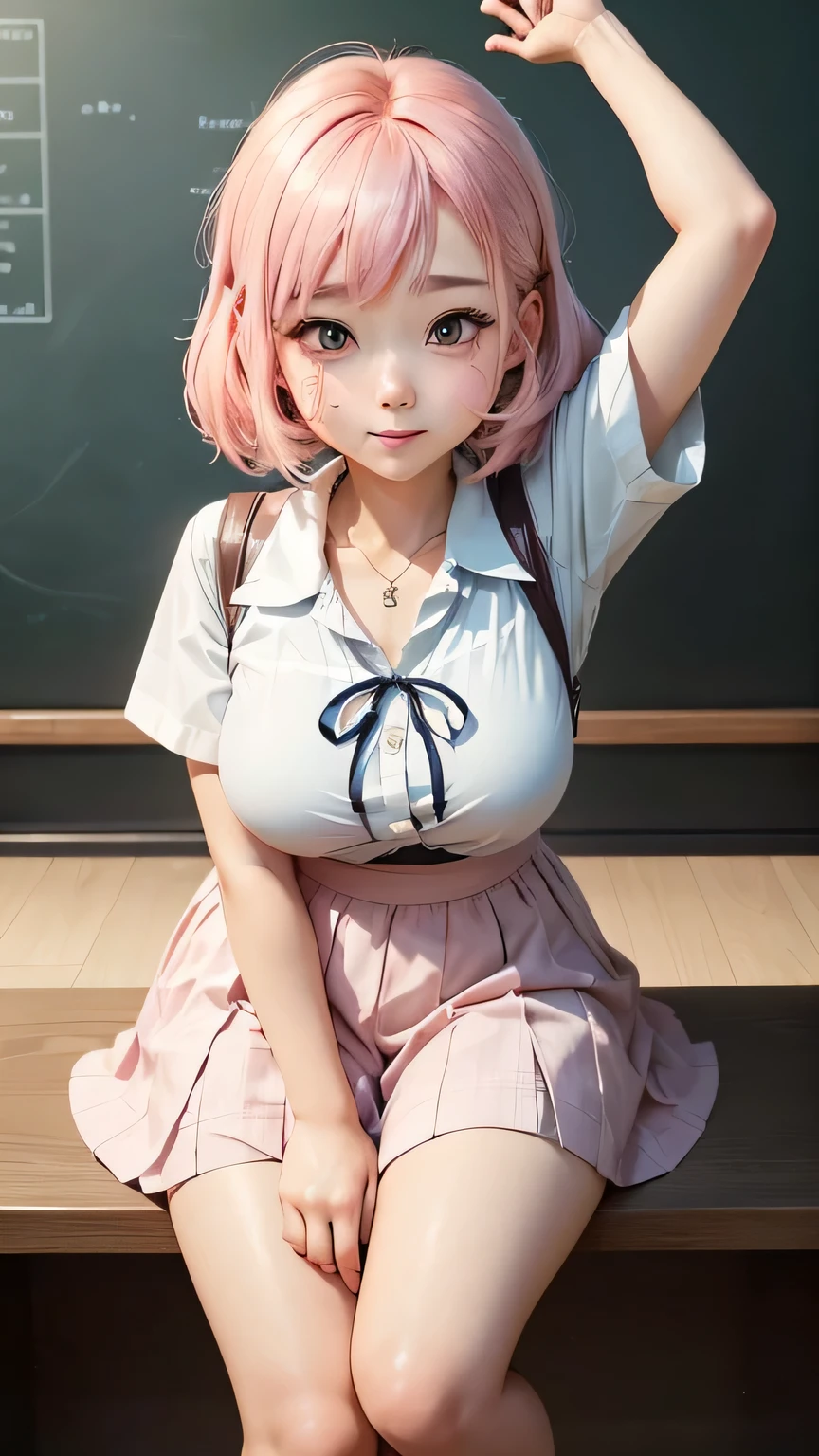 masterpiece, best quality, HD, 4K, Ultra-high resolution, Extreme Detail, Super detailed,good lighting, 
beautiful eyes, beautiful hair, Beautiful side, beautiful skin,dutch angle, pink hair, school uniform, big breasts, topless, short skirt, sit, ahegao, blush, sweat, embarrassed smile, bed, Look at the viewer