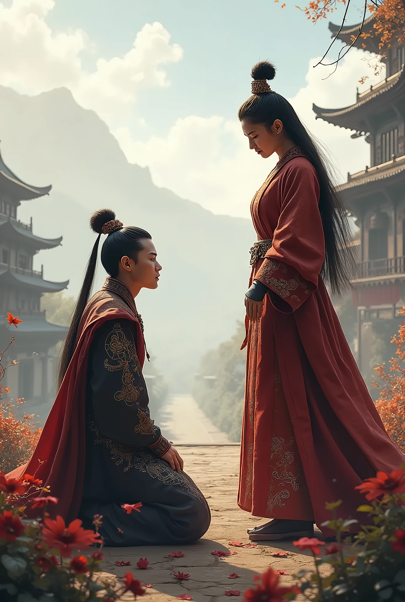 A beautiful young woman with a fierce expression, dressed in the dark white dress of a Han Fu Dynasty official, stood and twisted the young man's hands behind her back.