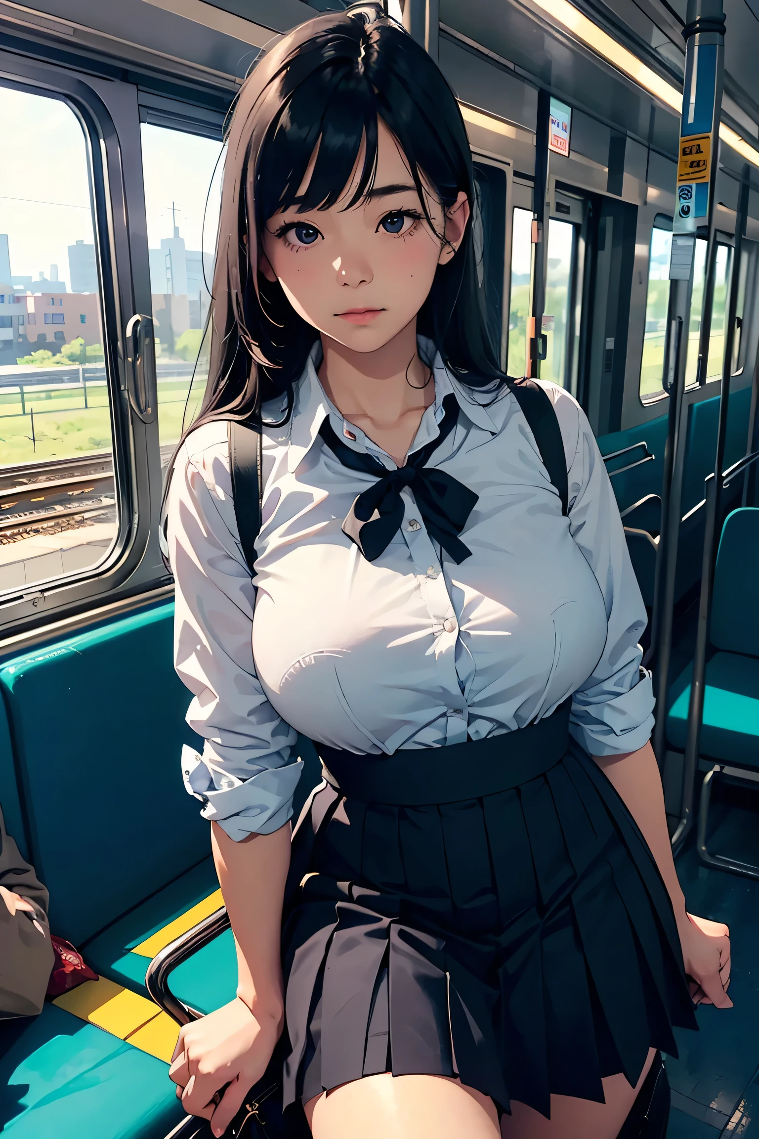 ((masterpiece)), ((best quality)), (ultra-detailed), ((kawaii)), cute, (lovely), ((sexy)), (ero), ((extremely detailed)), 4K, (8K), best quality, (beautiful), anime style, realistic, real, dynamic angle, ((look up from below)), full body focus, on the train, daytime, a cute girl, 1girl, solo, (T shirts, miniskirt:1.3), beautiful light brown hair, beautiful brown eyes, ((beautiful eyes)), short hair, large breast, (sitting train seat, spread legs, whitepanties, panty shot:1.3), light smile, shiny-glistening, gleaming