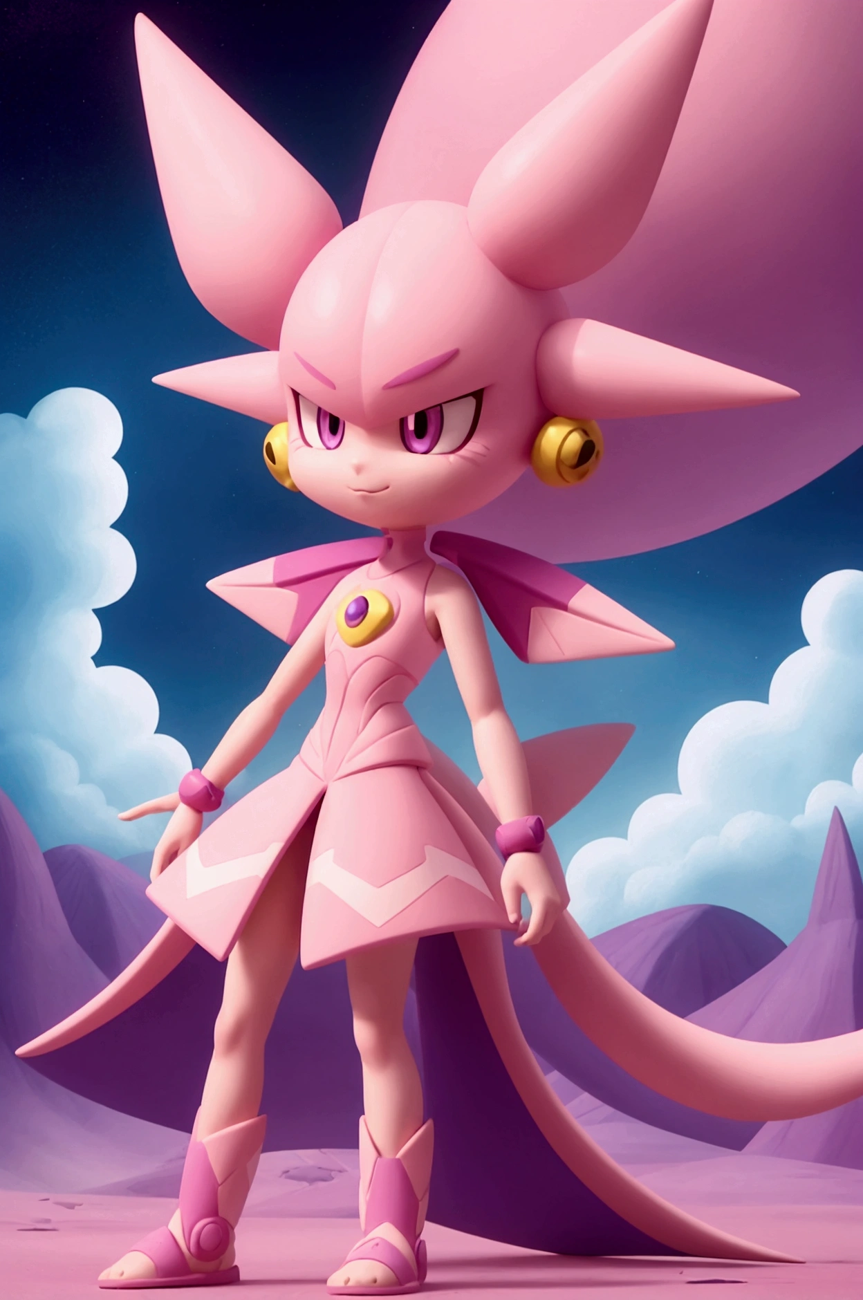 an pink alien, full body view, outdoor, fantasy, action pose