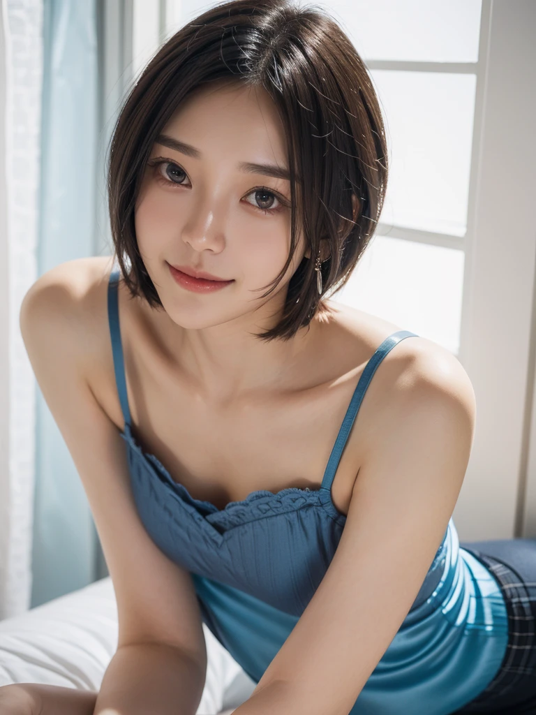 One woman、Realistic、Lean forward with hands on knees、View your viewers、high quality、Sticking out tongue like an animal、gravure、White and light blue theme、Ecstatic expression、Silver Necklace、Very detailed、Beautiful breasts、bob without bangs、Face towards the viewer、A smile with a slightly open mouth