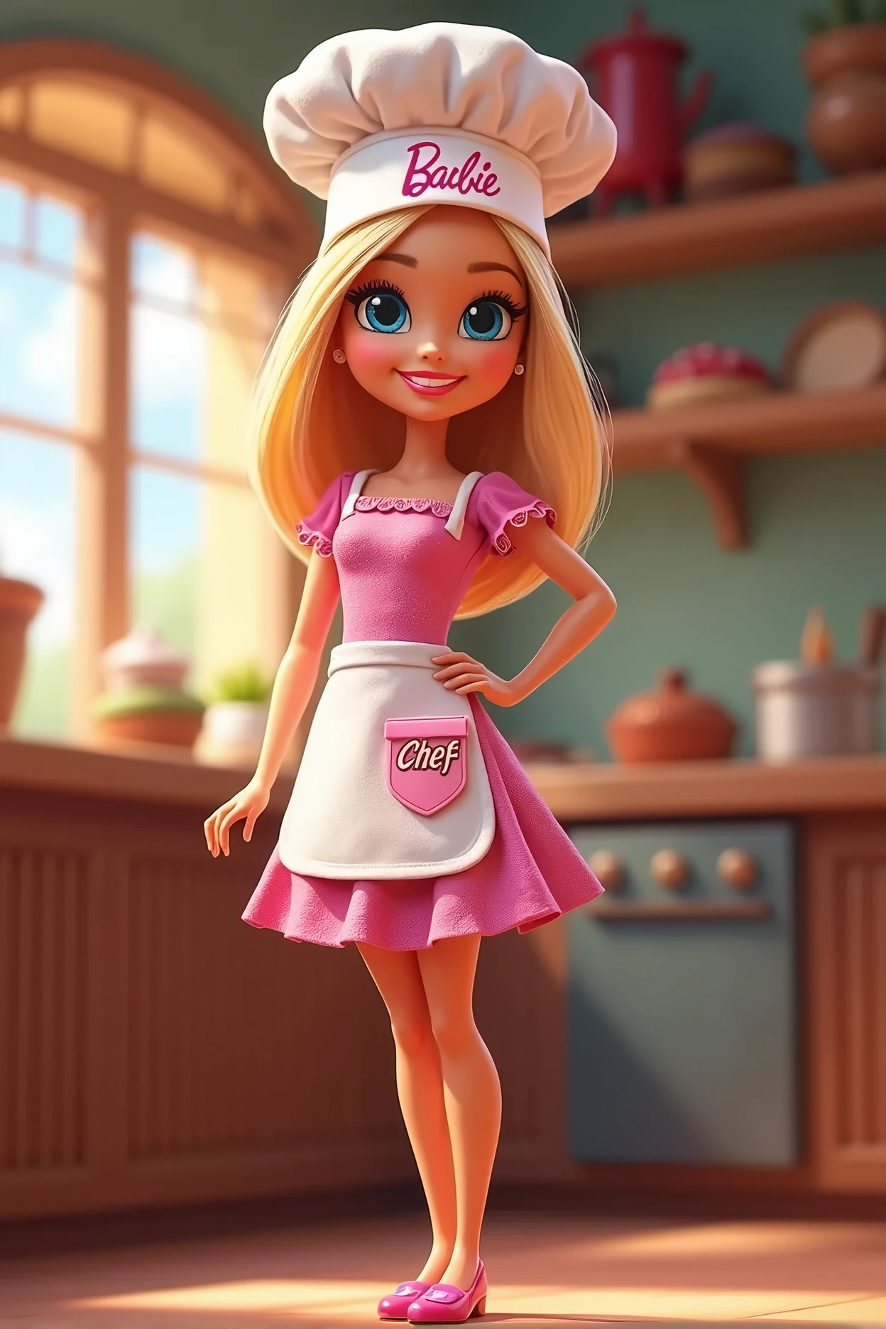 Create a Disney Pixar Poster. Barbie chef de cozinha full body COM os pés no chão , with shoulder length blonde hair, chef hat written Barbie with happy smile, small blue eyes. full body , showing legs and pink shoes. She wears small earrings. She is making cookies at a bakery. She wears a PINK dress with a white apron, full body. She has a badge with the following inscription: "chef". high image quality