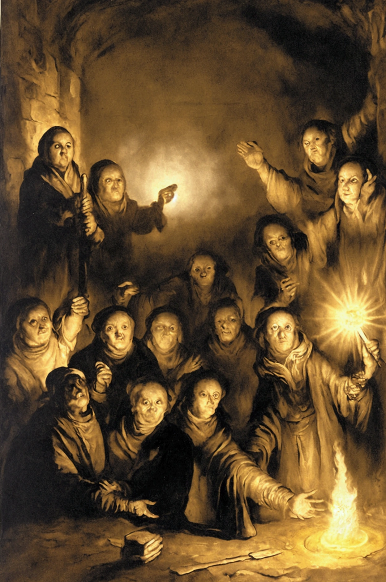 Inside an ancient crypt, illuminated by torches hanging on the walls. A group of 5 very old women with terrible faces, gathered in a circle holding hands, surrounding an old semi-open grave. They pray a spell that raises a thick fog from inside the tomb theatrical lighting, oil painting style "The Coven" by Goya, sinister scene of horror clean and polished finish
