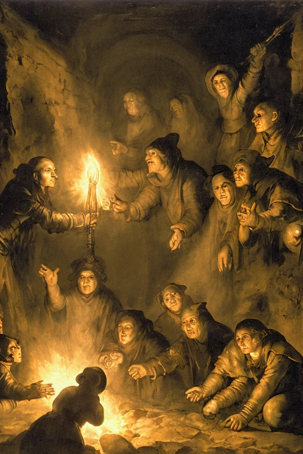 Inside an ancient crypt, illuminated by torches hanging on the walls. A group of 5 very old women with terrible faces, gathered in a circle holding hands, surrounding an old semi-open grave. They pray a spell that raises a thick fog from inside the tomb theatrical lighting, oil painting style "The Coven" by Goya, sinister scene of horror clean and polished finish
