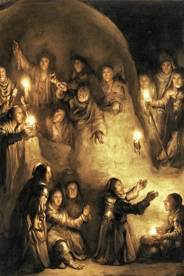 Inside an ancient crypt, illuminated by torches hanging on the walls. A group of 5 very old women with terrible faces, gathered in a circle holding hands, surrounding an old semi-open grave. They pray a spell that raises a thick fog from inside the tomb theatrical lighting, oil painting style "The Coven" by Goya, sinister scene of horror clean and polished finish
