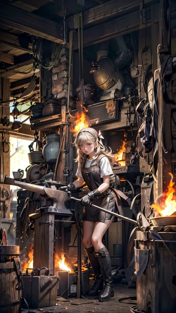 (Blacksmith girl student, Teenage Girl, Soft lips, Glowing Skin, Braided Hair, Soft leather:1.25, hair ribbon, Concentrated expression,Long gloves:1.25,Swing the hammer high,holding a hammer in hand,Staring at the sword,she:1.25,Get down on one knee,Squat、Leather Long Boots),(8k, Best Quality, masterpiece:1.2, masterpieceHighly detailed, Very detailed), Vibrant colors, Line art,Flames dance